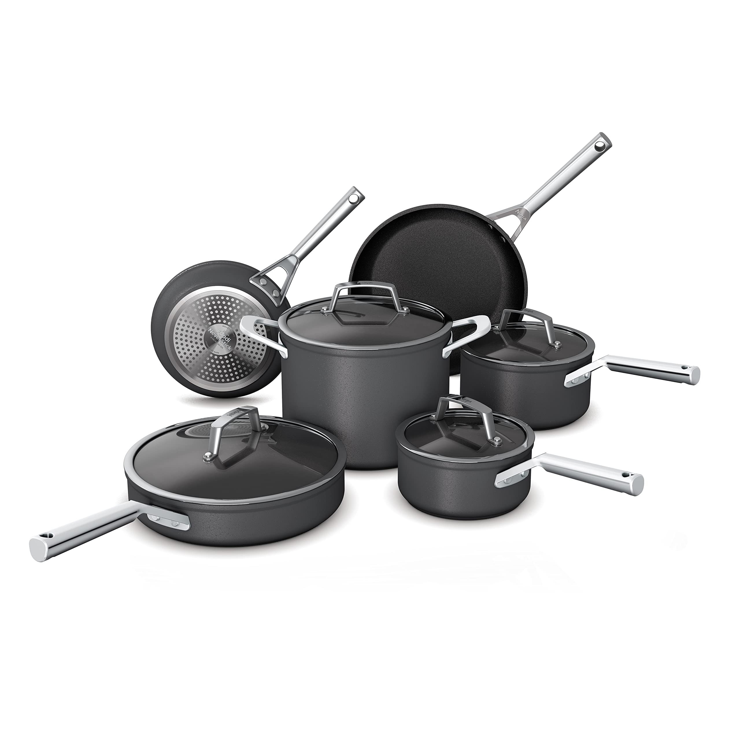 Ninja, Cookware, 12-Piece Cookware Set, Fry Pan, Sauce Pan, Sauté Pan, Glass Lid, Stock Pot, Foodi NeverStick Premium, Hard-Anodized, Nonstick, Oven Safe, Durable Pans, Slate Grey, C39800 - D