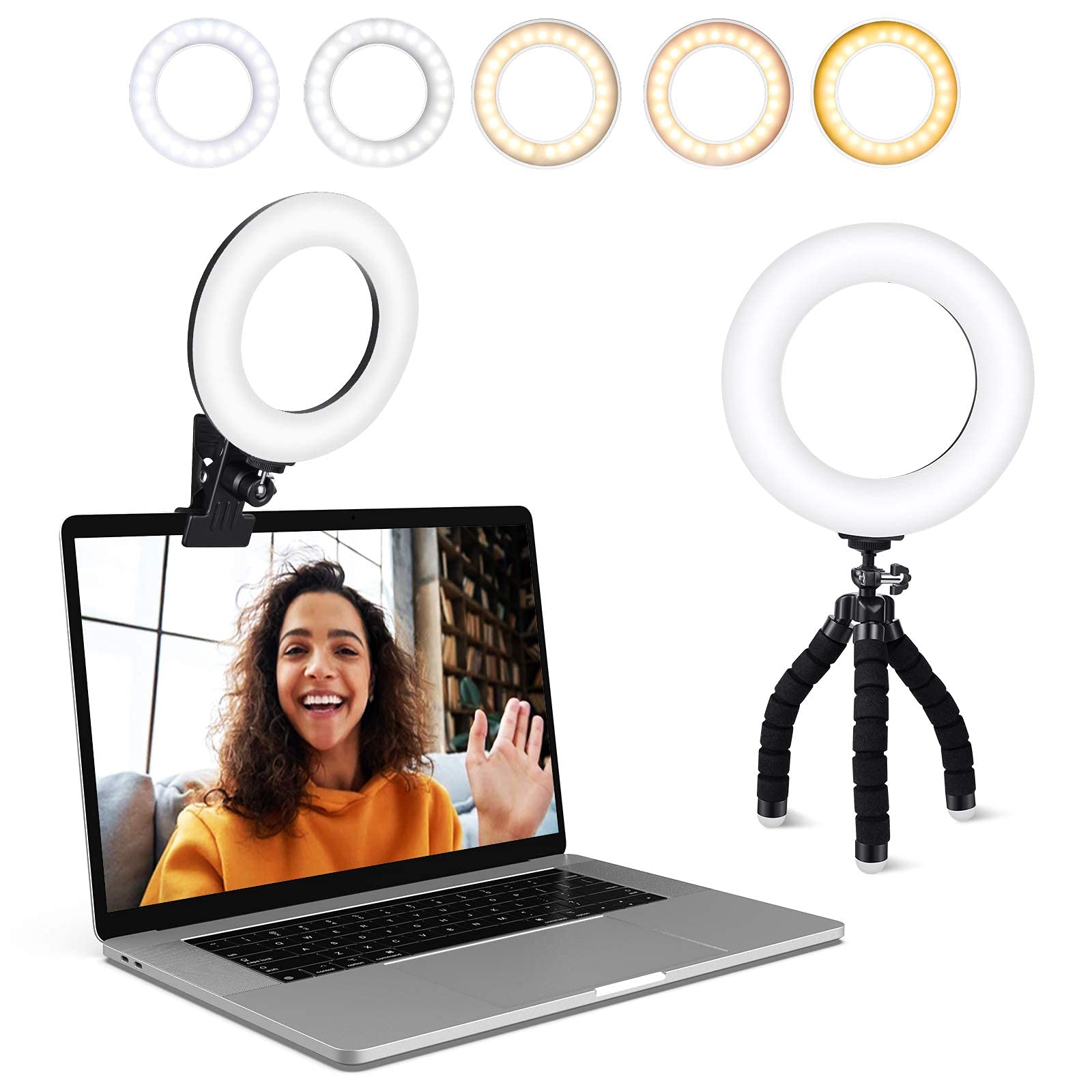Video Conference Lighting Kit, Ring Light Clip on Computer Laptop Monitor with 5 Dimmable Color & 5 Brightness Level