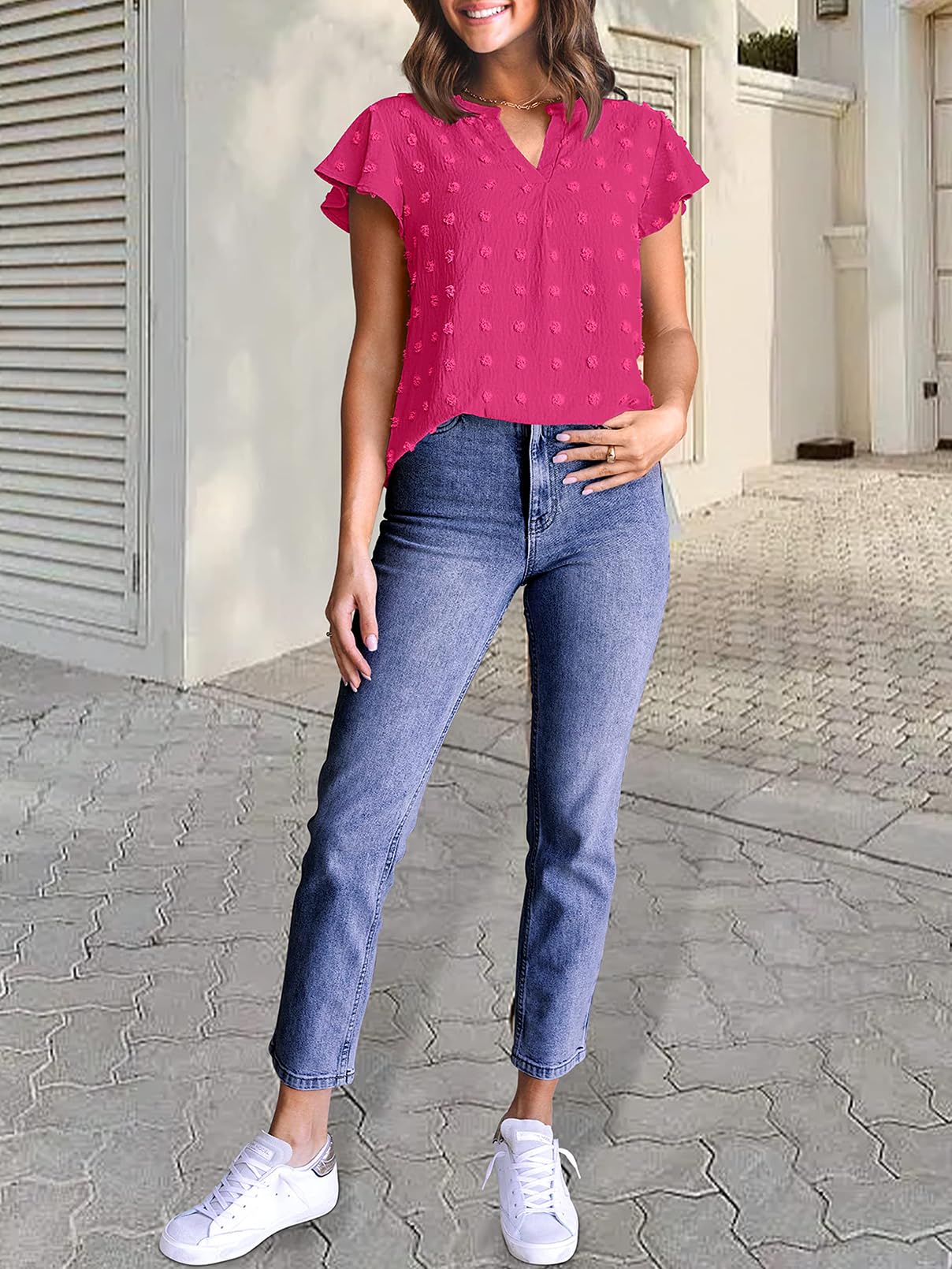 المقاس: 3XL - بلوزة نسائية من Fantaslook برقبة على شكل حرف V وأكمام قصيرة منقطة سويسرية، قميص فضفاض كاجوال للعمل، لون وردي فاقع متوسط