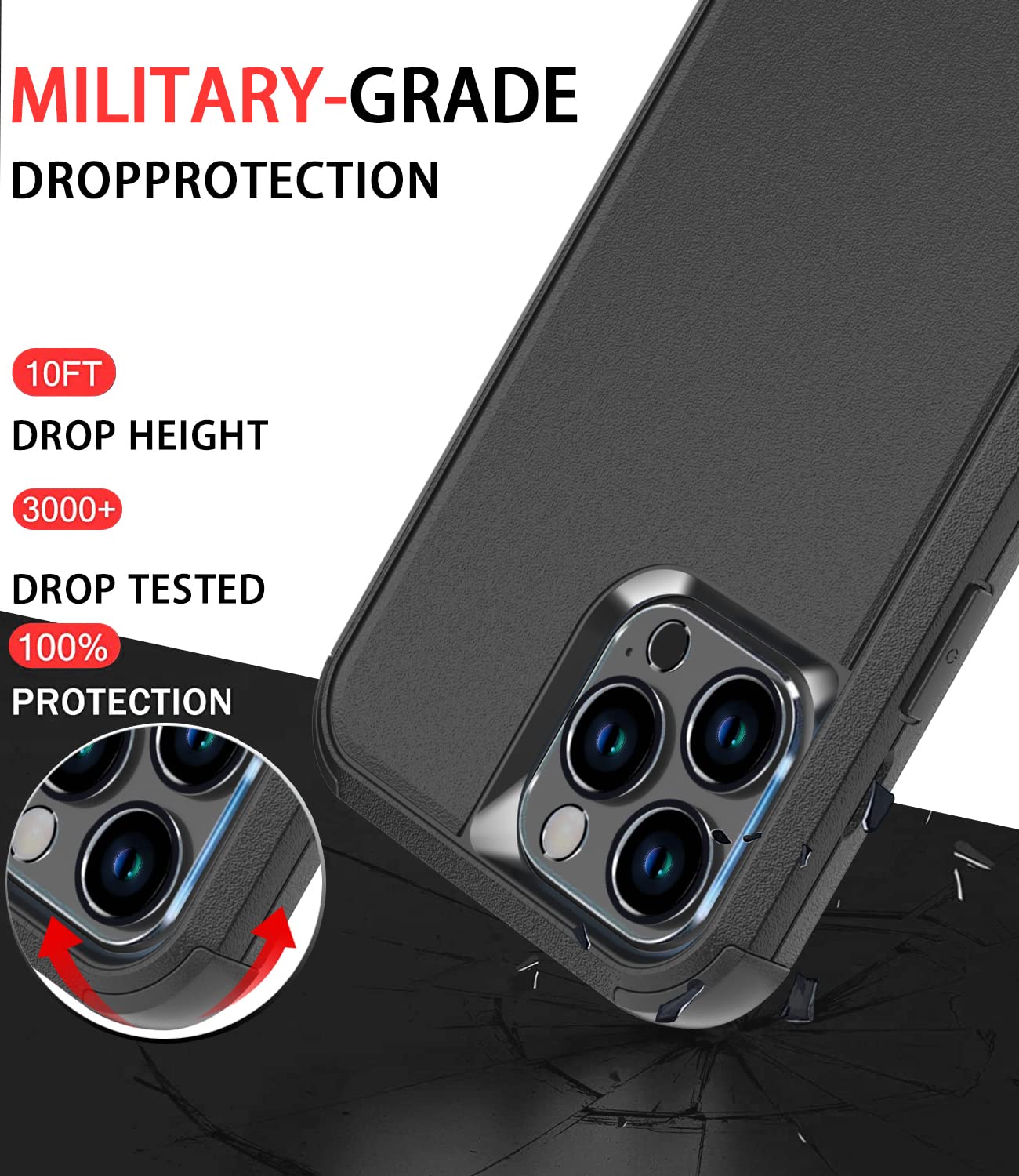 جراب Diverbox مصمم لجهاز iPhone 13 Pro مع واقي شاشة وغطاء عدسة الكاميرا (أسود)