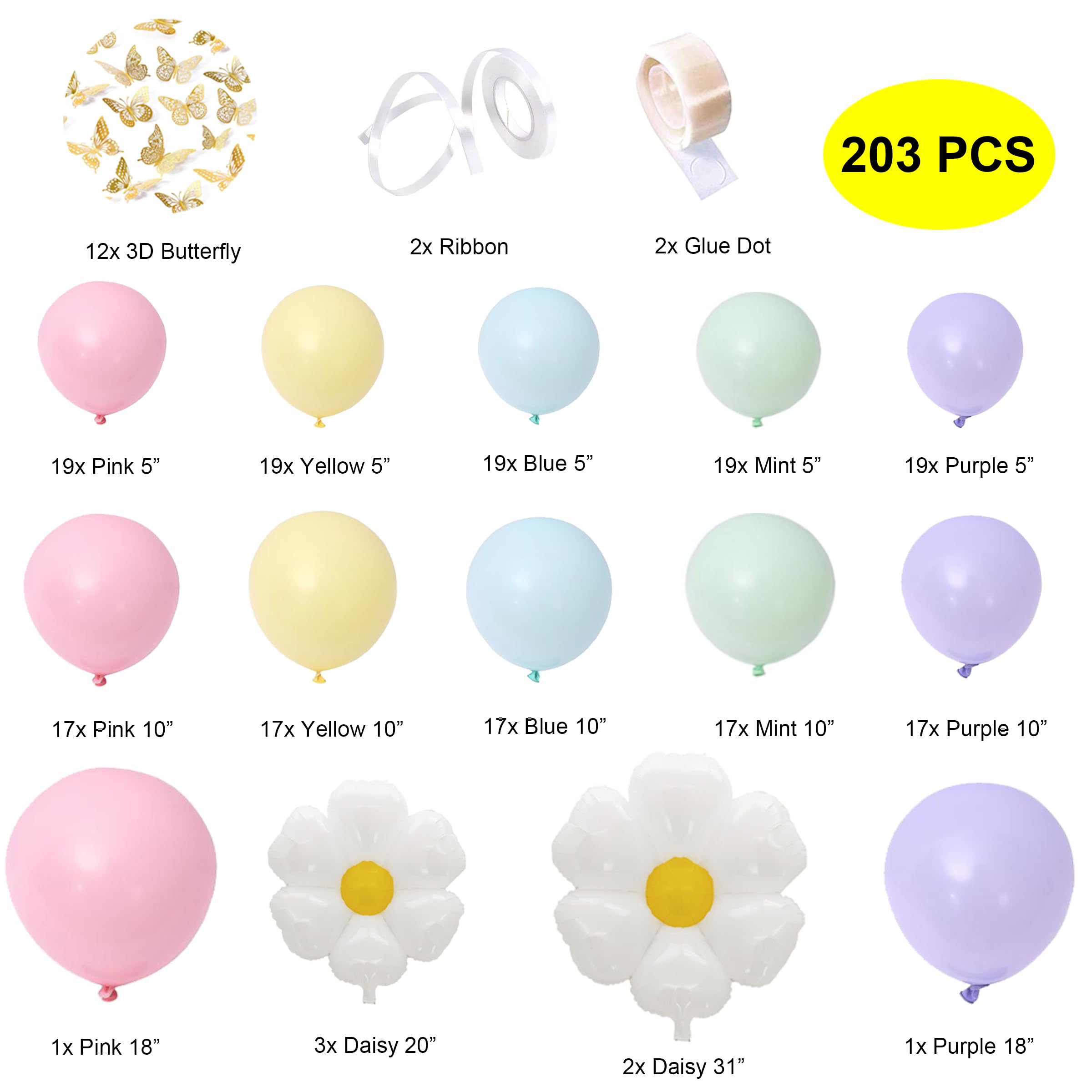 EUOPHYM Daisy Pastel Balloon Garland Kit - 203pcs for Rainbow Arch, Boho Balloon Arch Kit with 3D Butterflies, Perfect for Wedding, Birthday, Easter, and Baby Shower Decor