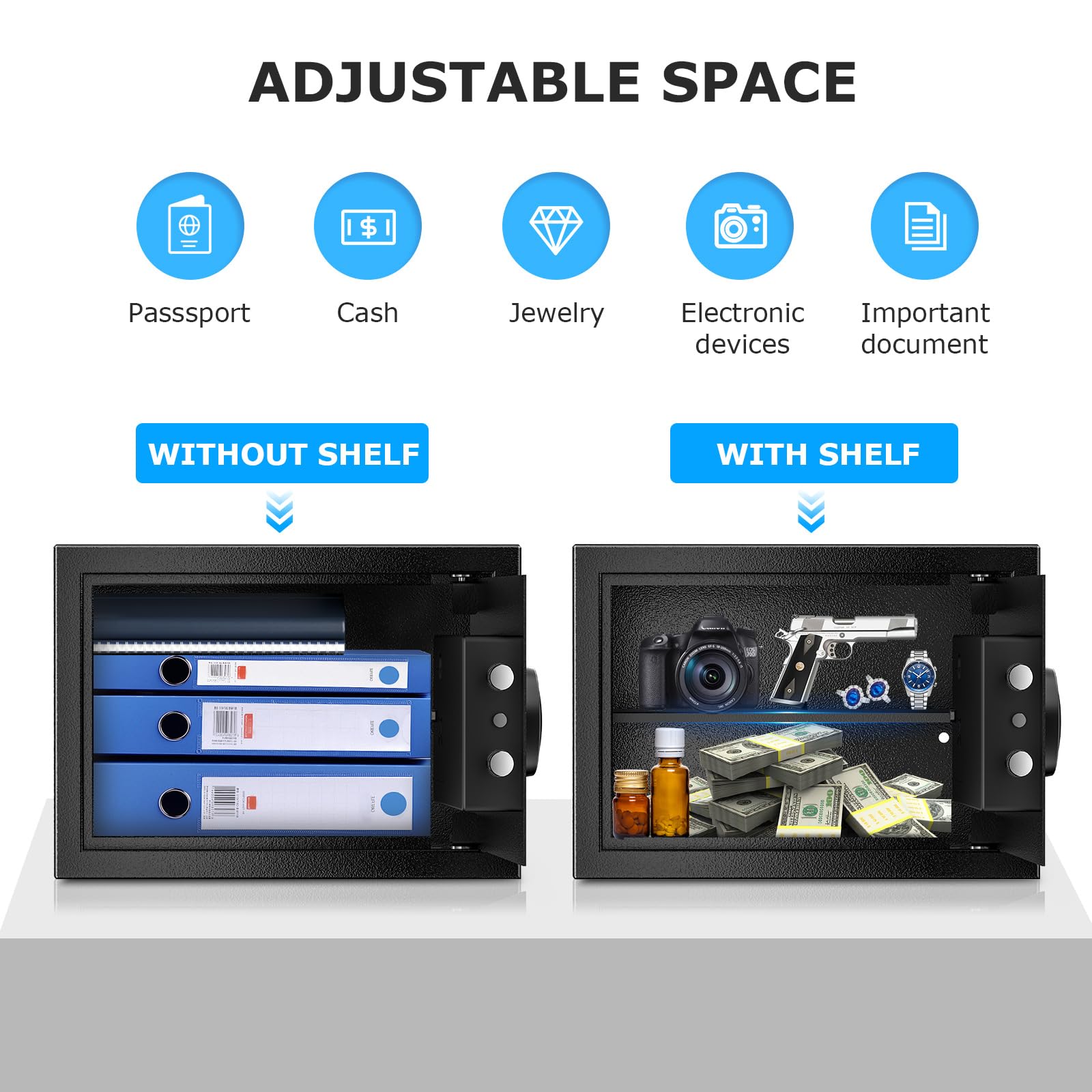 Bonsaii Safe, 0.6 Cubic Safe Box with Electronic Keypad, Removable Shelf, for Valuables Jewelry and Documents in Home, Hotel, or Business, 25 D x 35 W x 25 cm H