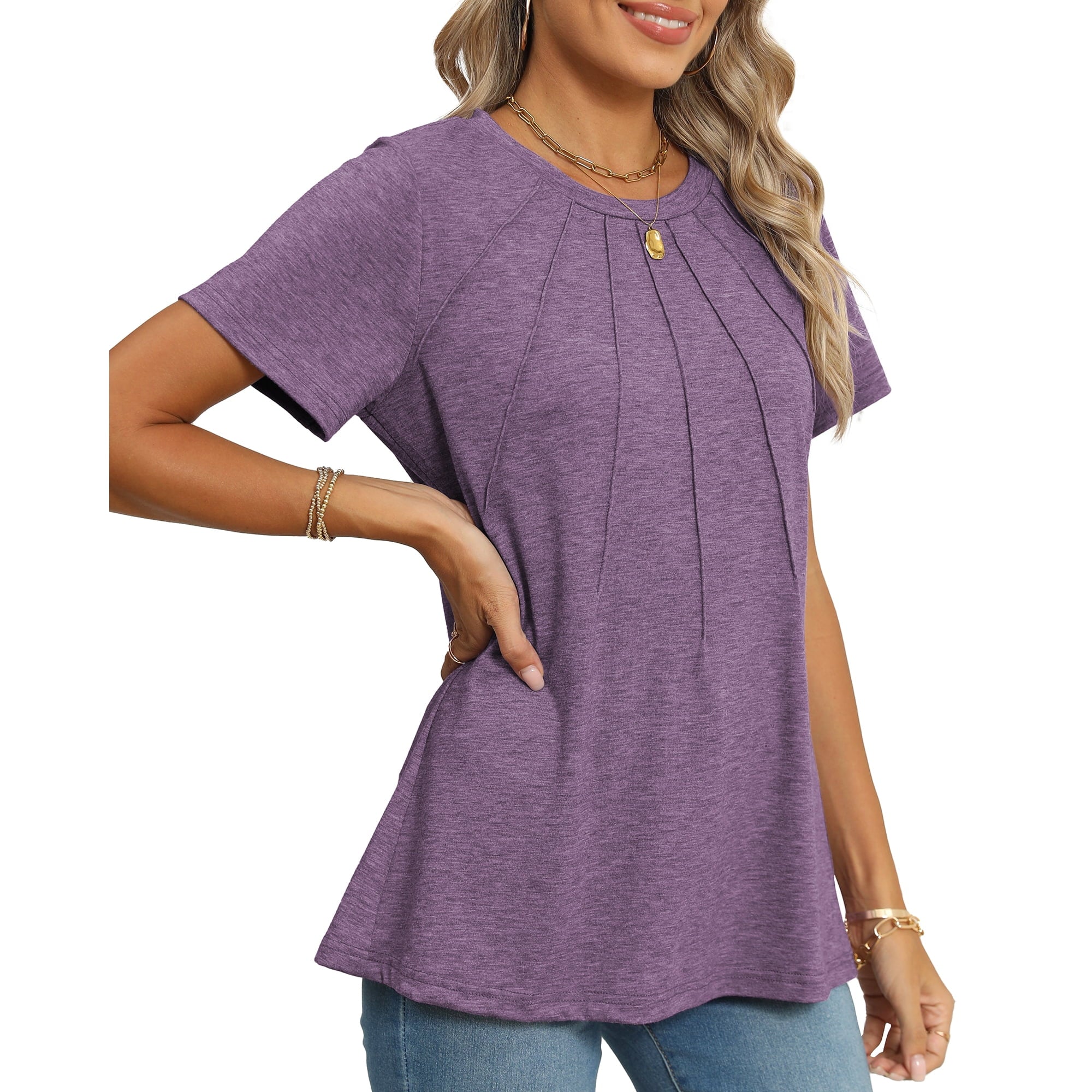 SIZE: M - Rosvigor Blouses for Women Short Sleeve Shirts Casual Dressy Summer Tops with Pleats