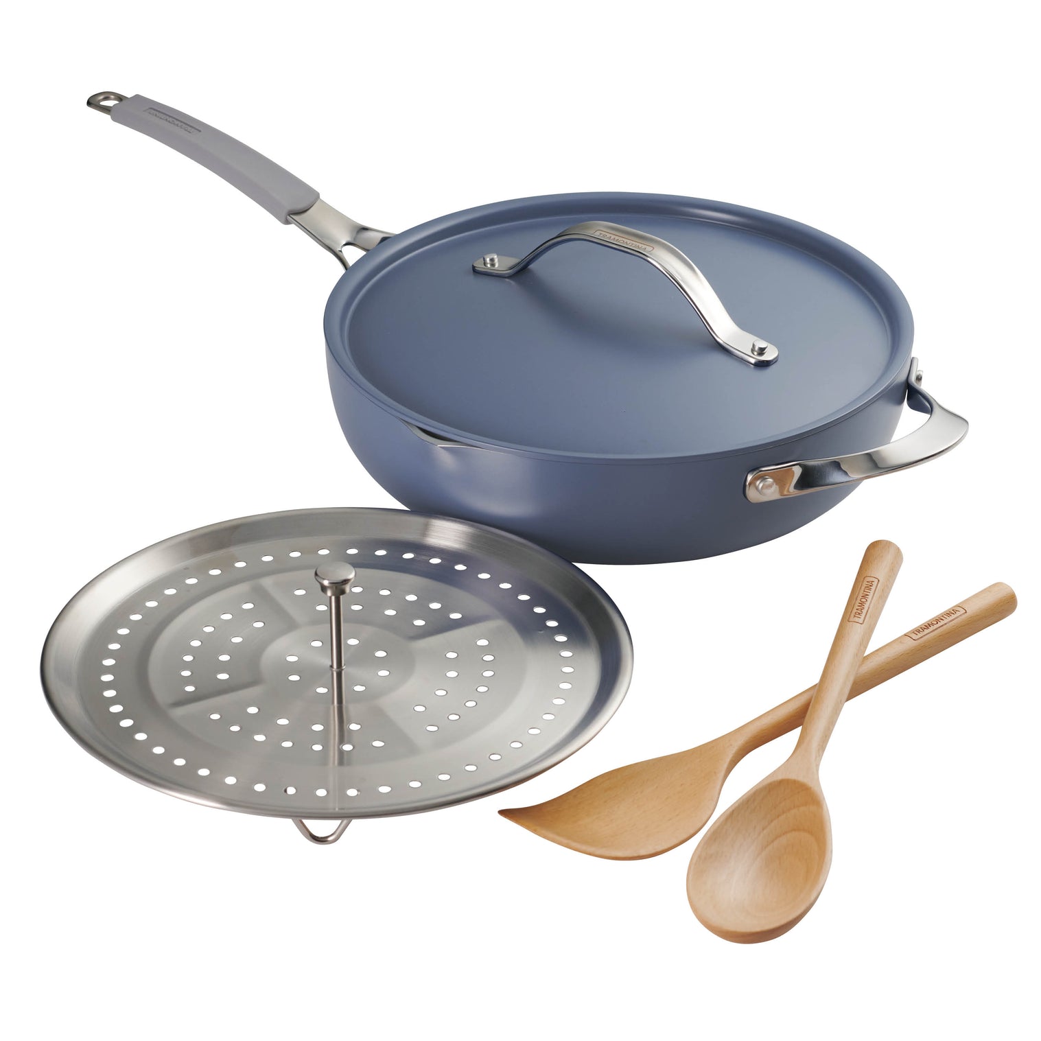 مقلاة ترامونتينا الكل في واحد بلس 30 سم/4.7 لتر سهلة التنظيف من الفولاذ المقاوم للصدأ مطلية بالسيراميك، لون أزرق