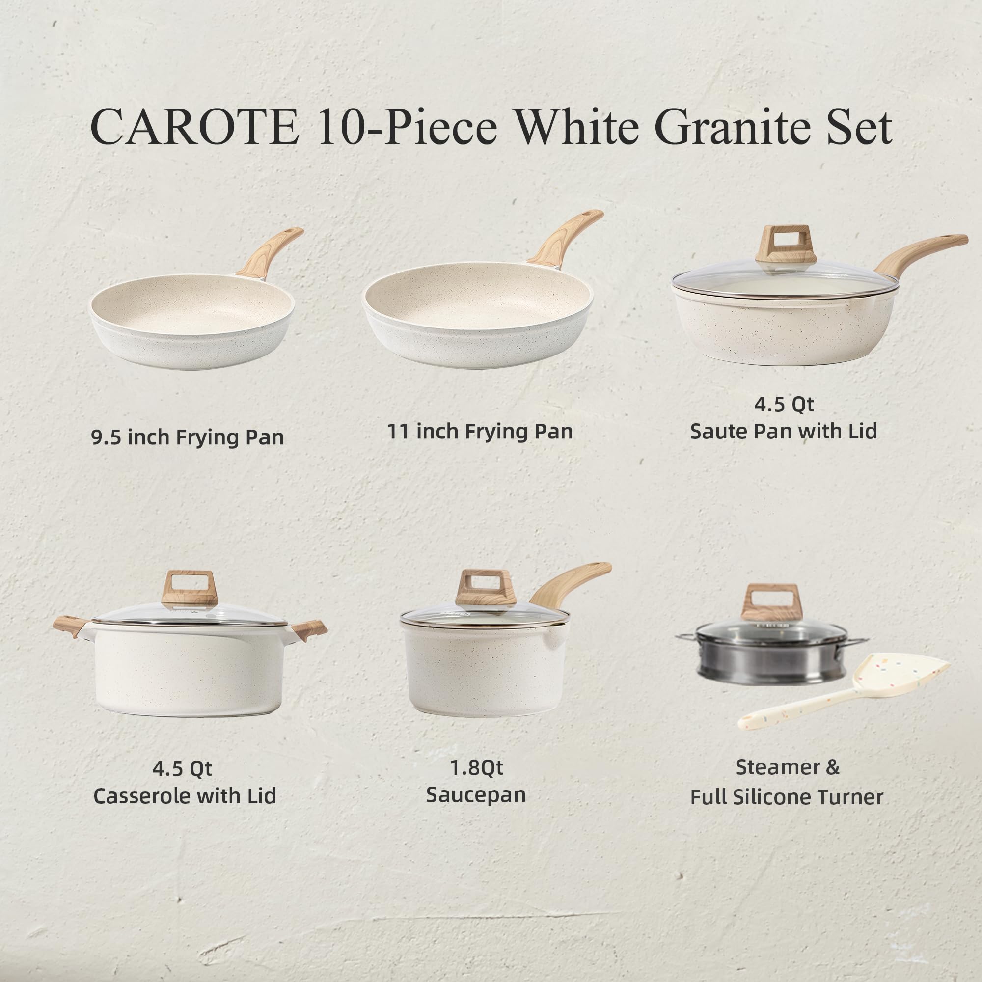 CAROTE Pots and Pans Set Nonstick, White Granite Induction Kitchen Cookware Set, 10 Pcs