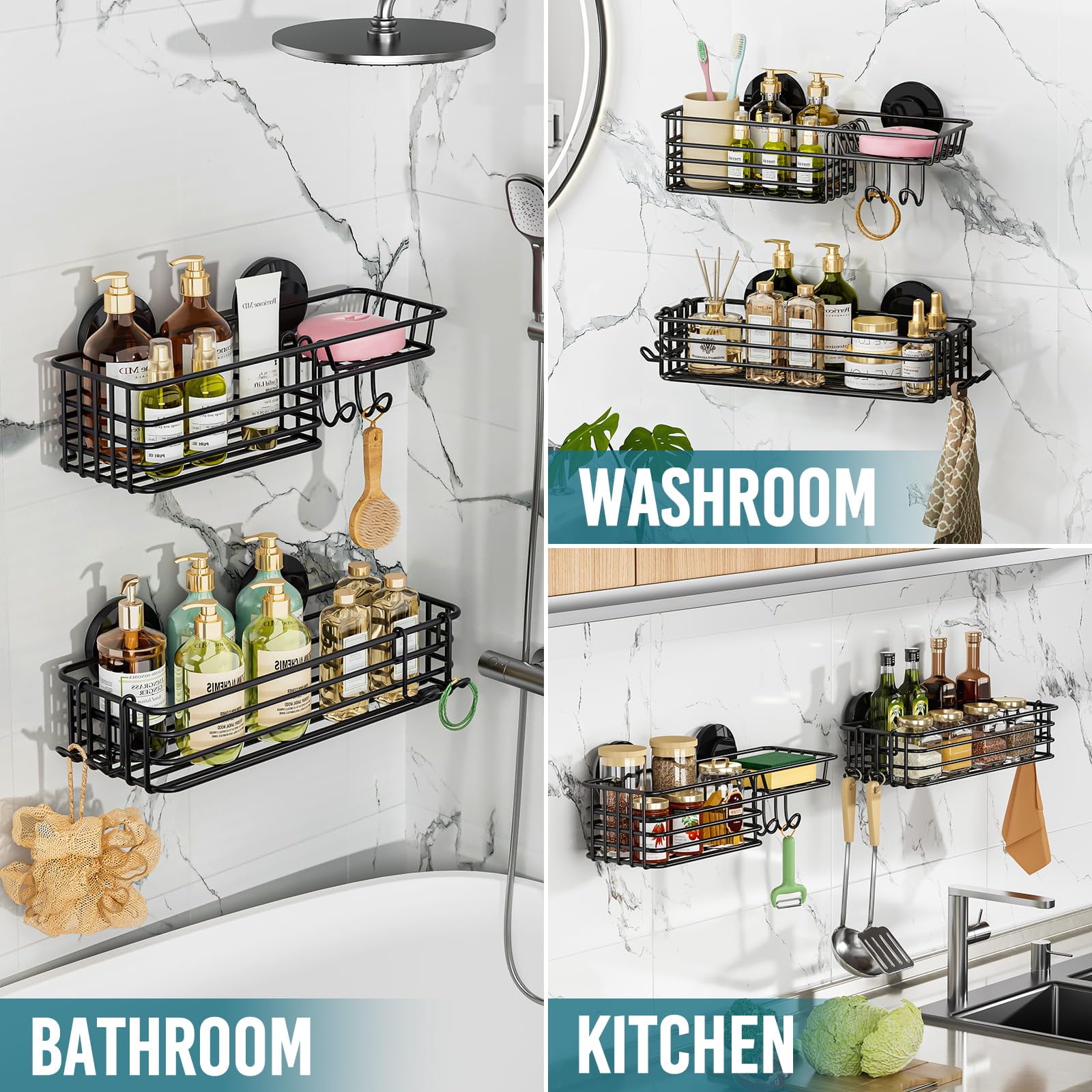 TAILI Shower Caddy Suction Cup 2 Pack with Hooks & Soap holder