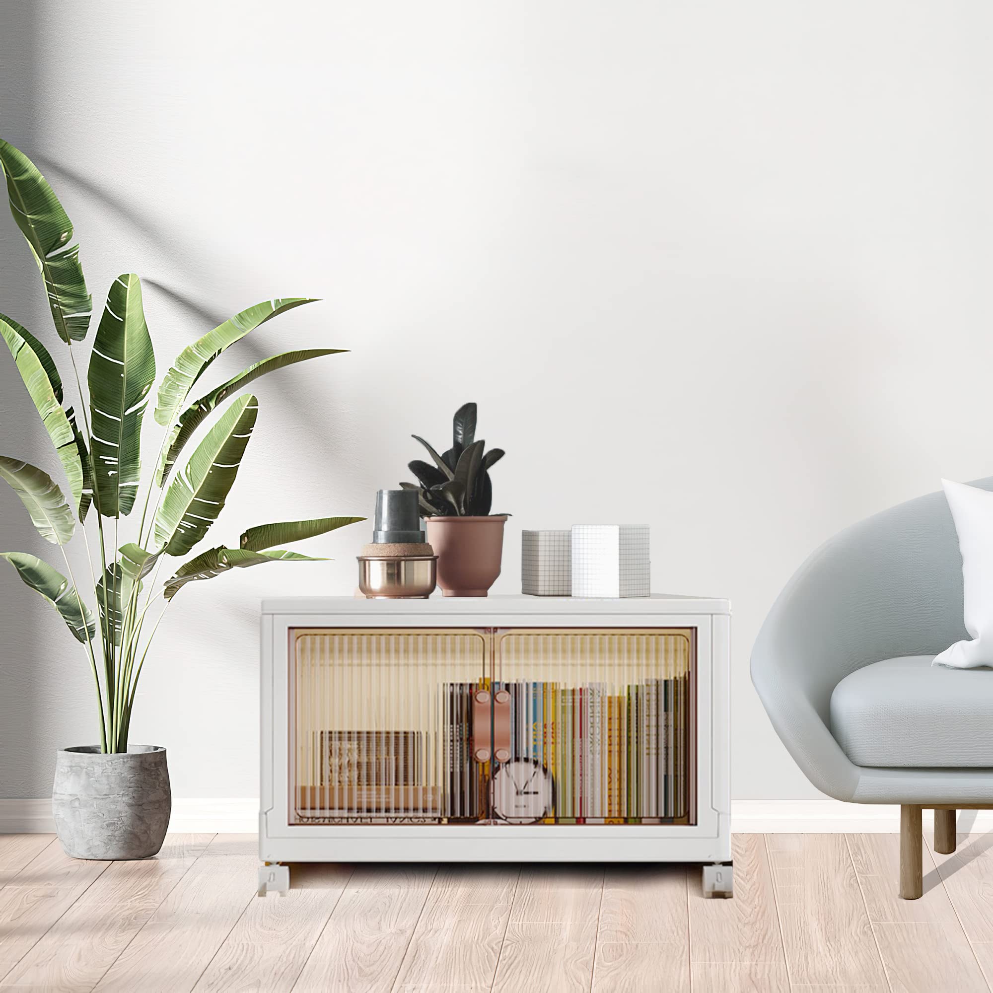 HomeStrap Plastic Rolling Stacker with Wheels (Pack Of 1) | Foldable Stackable Storage| Box Collapsible Storage Bins with Handle for Cloth, Spacesaver Organizer Storage Box with Door, Brown