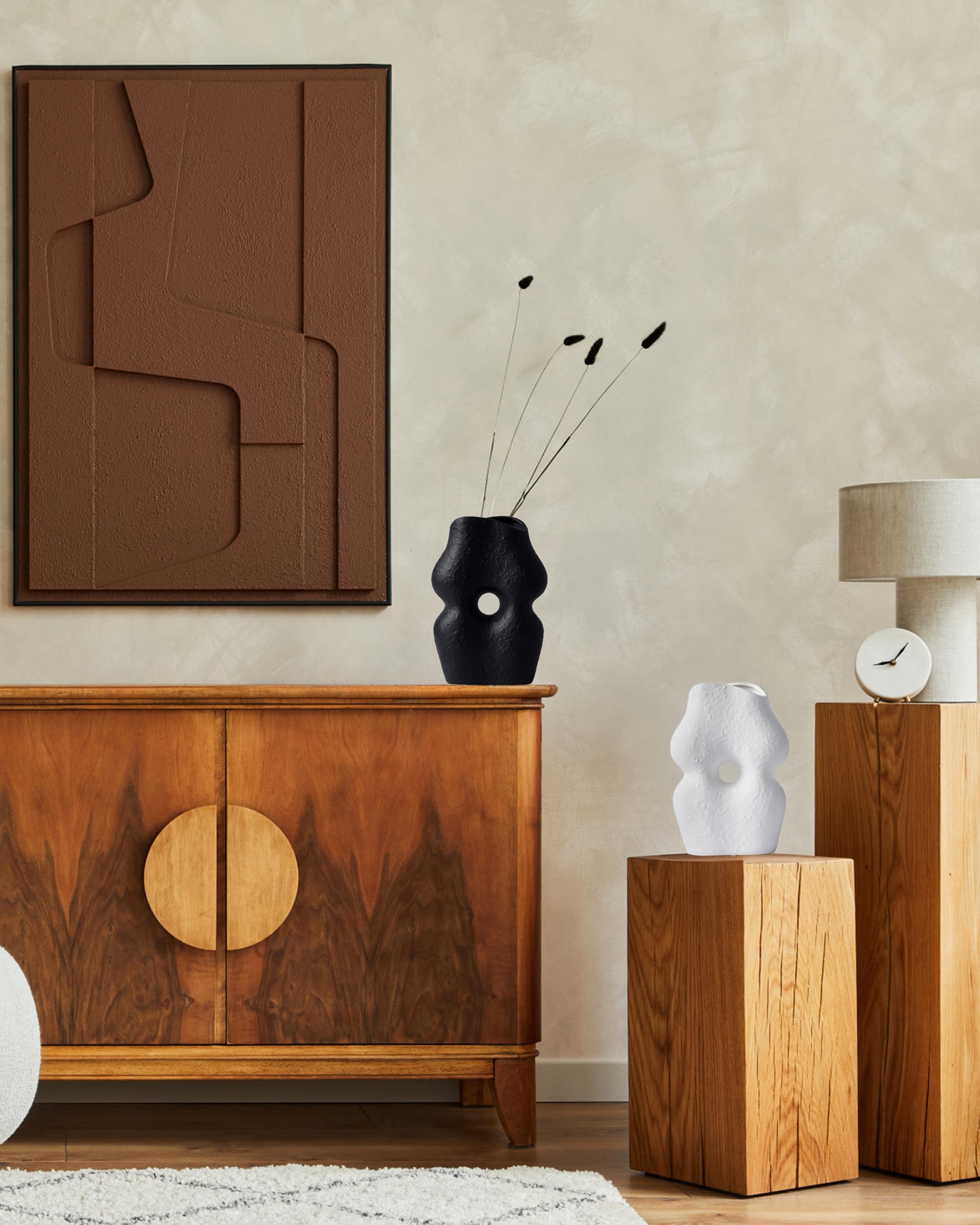 مجموعة مزهريات سيراميك بيضاء وسوداء من UPWOIGH، مكونة من قطعتين، مزهريات زهور عصرية بتصميم بوهو، لديكور المنزل