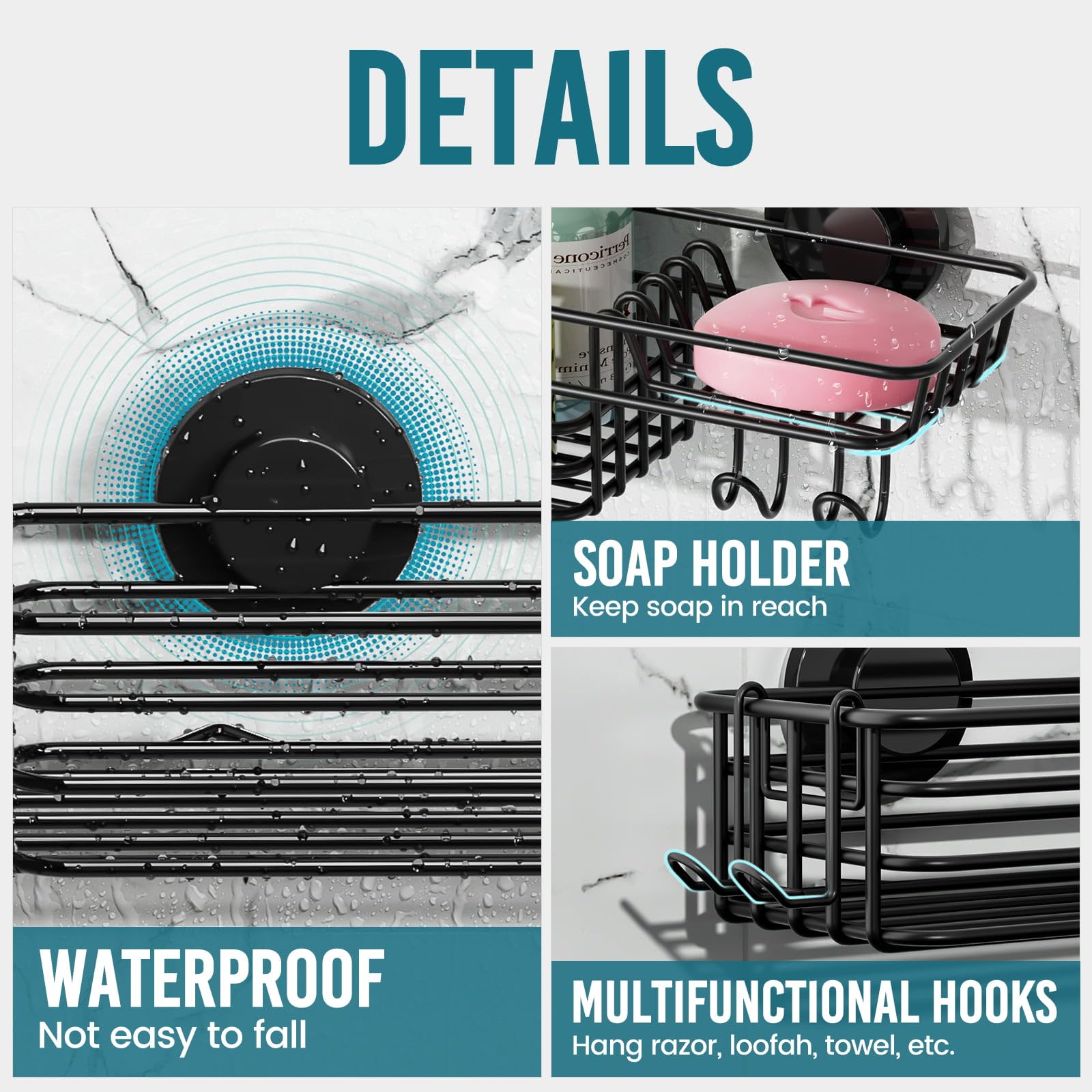 TAILI Shower Caddy Suction Cup 2 Pack with Hooks & Soap holder