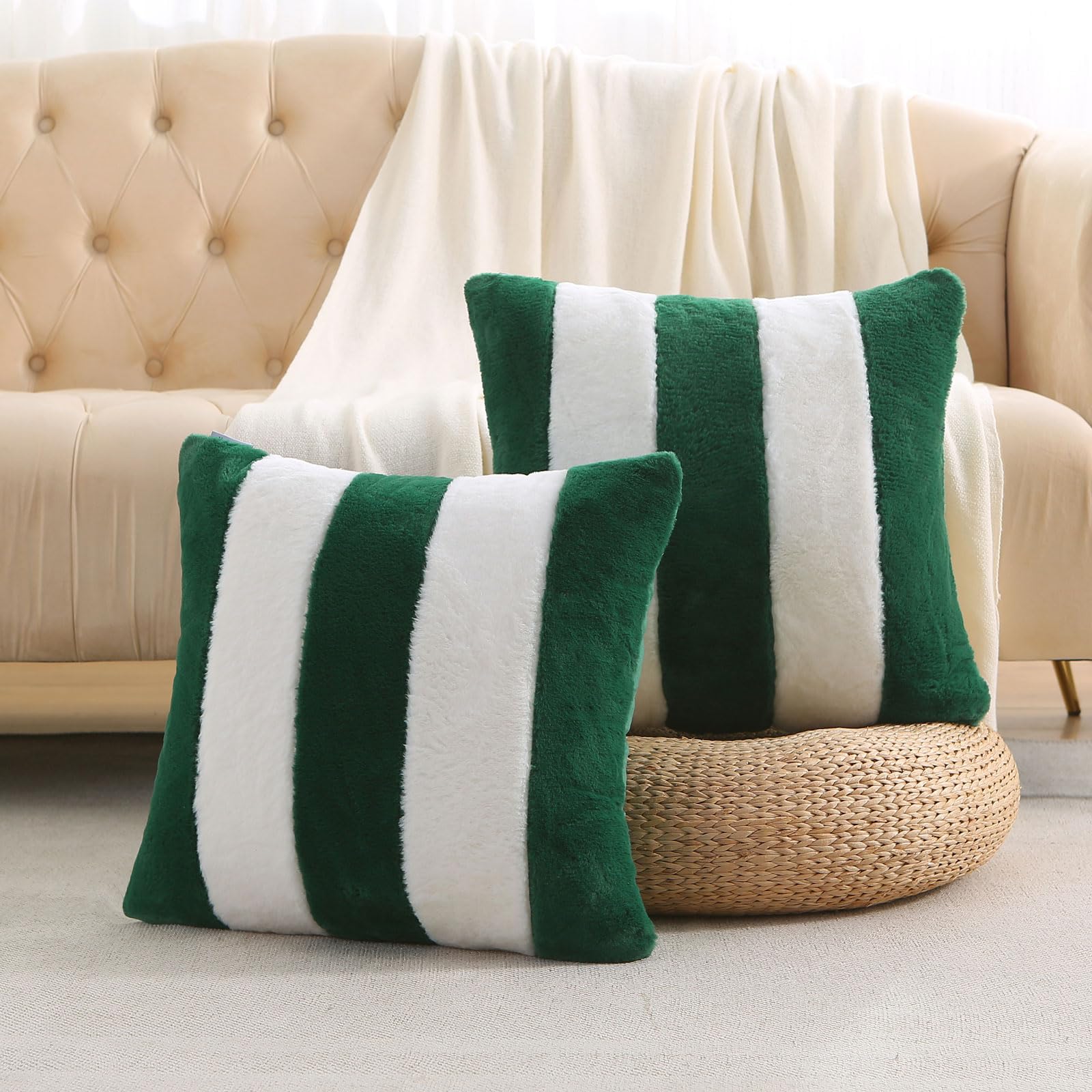 Ikuoic Green and White Striped Throw Pillow Covers 40 X 40 cm Set of 2