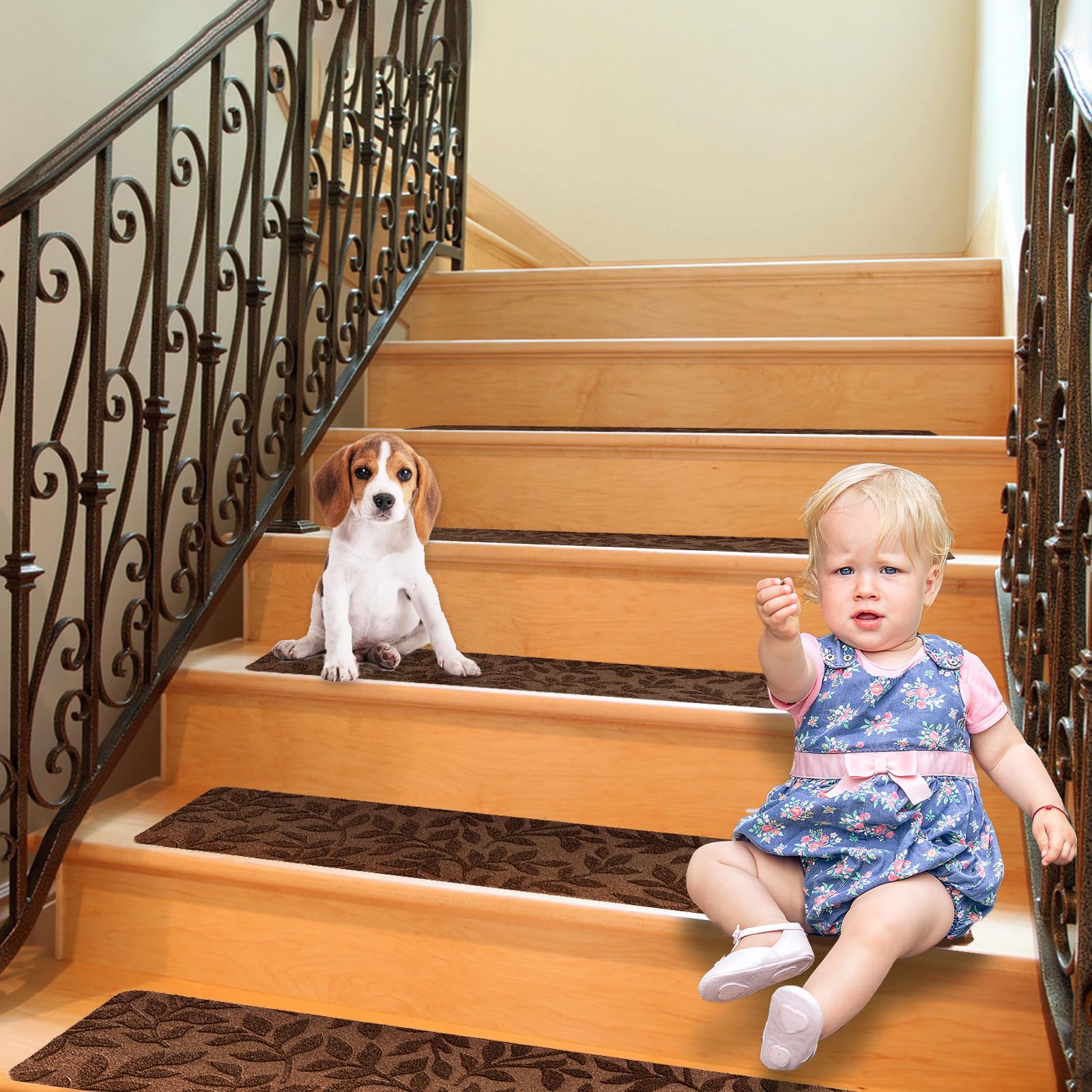 بوليجوجو، سجادة مانعة للانزلاق، للسلالم الخشبية، مجموعة من 15 قطعة، سجاد داخلي للكلاب والأطفال وكبار السن، مقاس 30 × 8 بوصة، مع لاصق قابل لإعادة الاستخدام (بني فاتح)