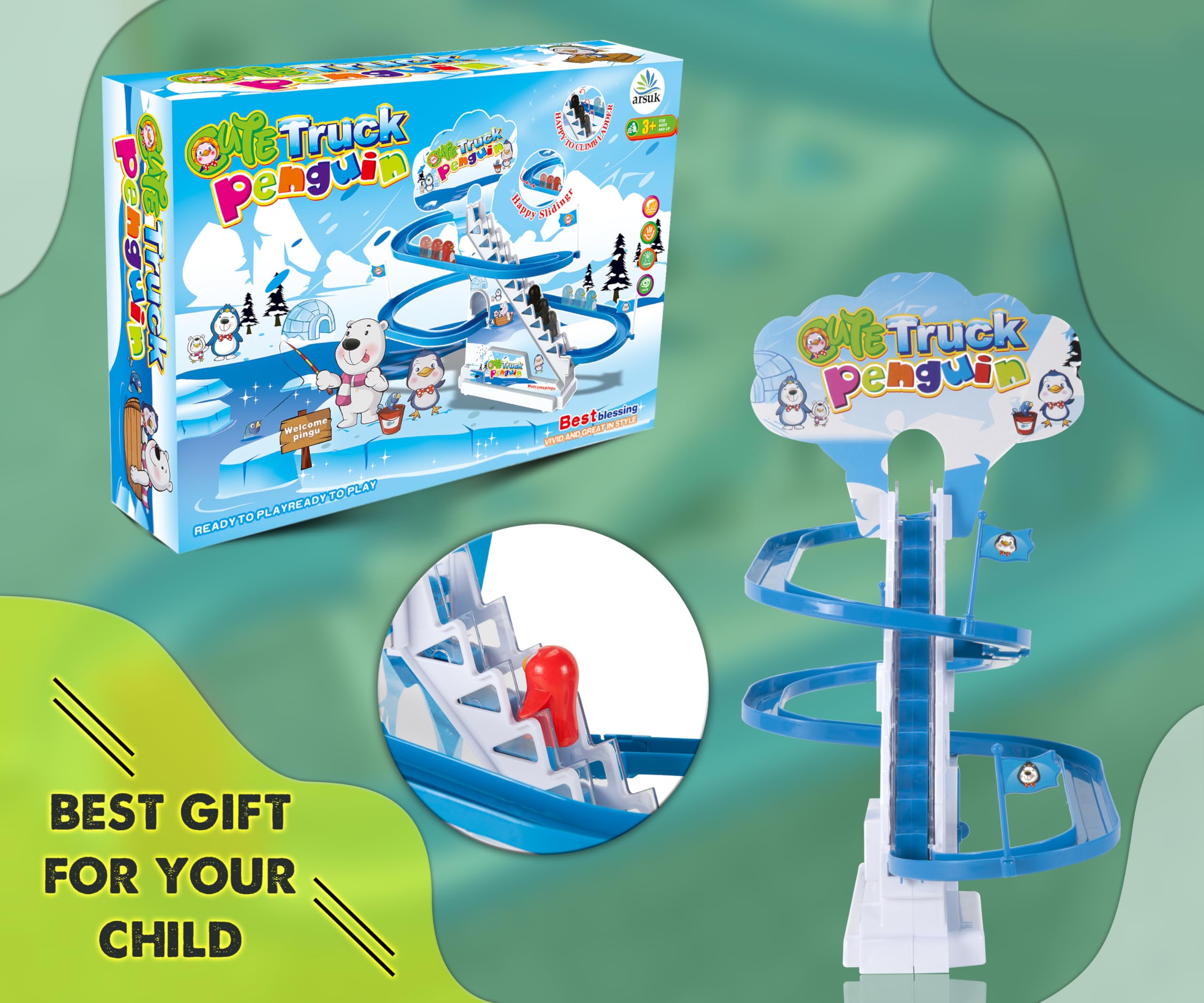 لعبة سباق البطريق من بولي، مجموعة ألعاب مسار أفعوانية موسيقية مرحة مع موسيقى وأضواء LED وامضة وزر تشغيل/إيقاف للأطفال الصغار والأطفال كهدية