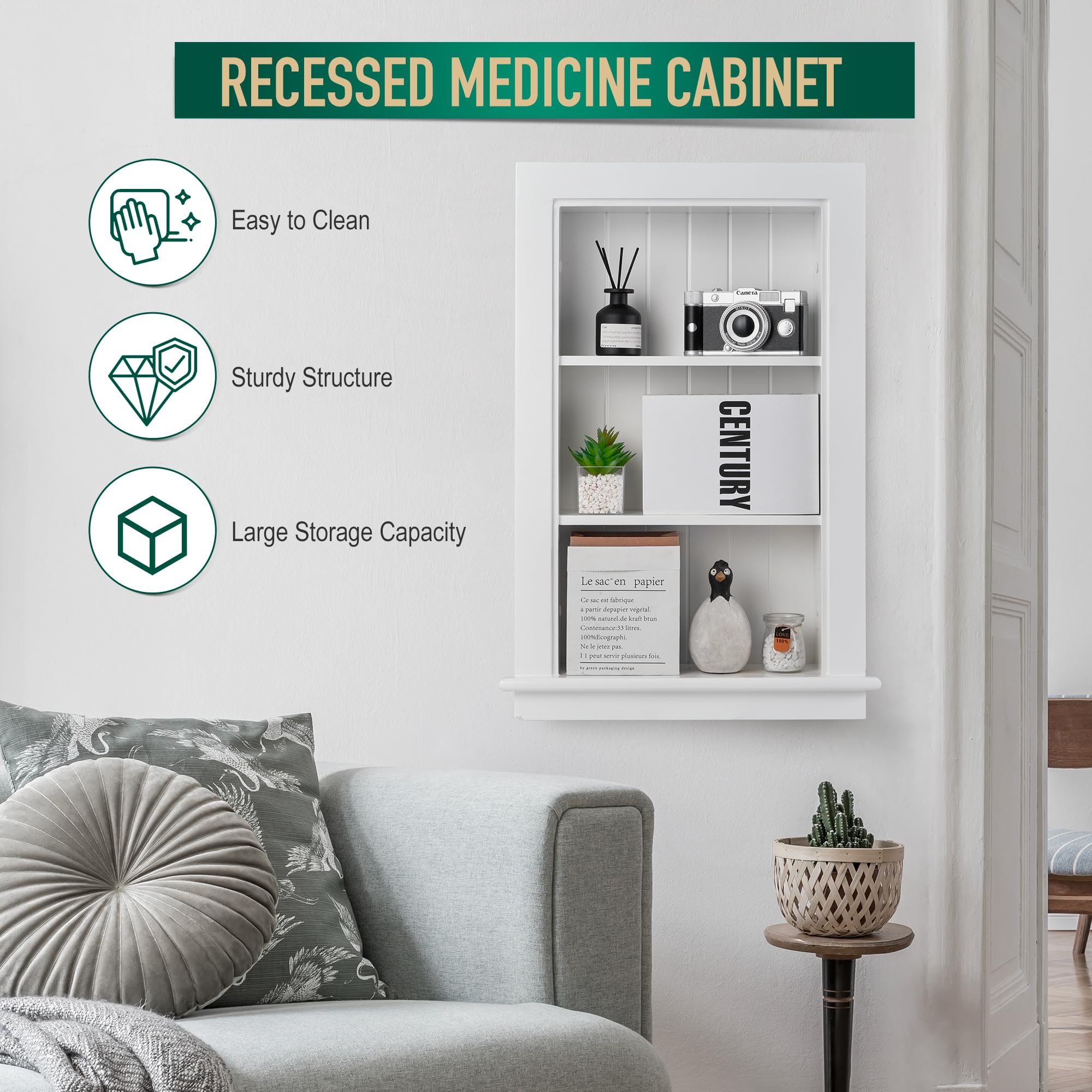 Potter-Island 14 x 24 Medicine Cabinet Recessed, Wall Niche, Bathroom Wall Cabinet, 3-Tier, Between Studs Shelving for Drywall, White