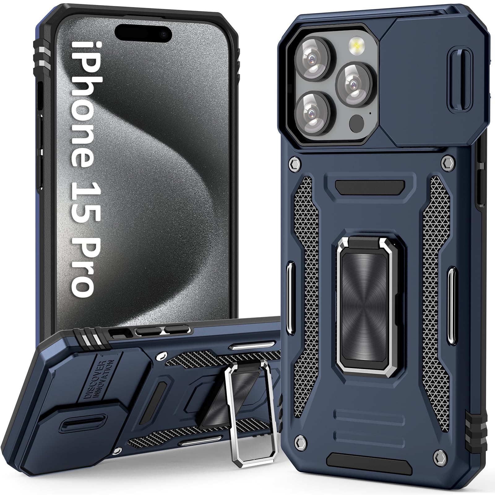 UKLCCU Phone Case for iPhone 15 Pro Case iPhone 15 Pro Phone Case for Men with Camera Protector & Kickstand, Built-in 360°Rotate Ring Stand for iPhone 15 Pro - Blue