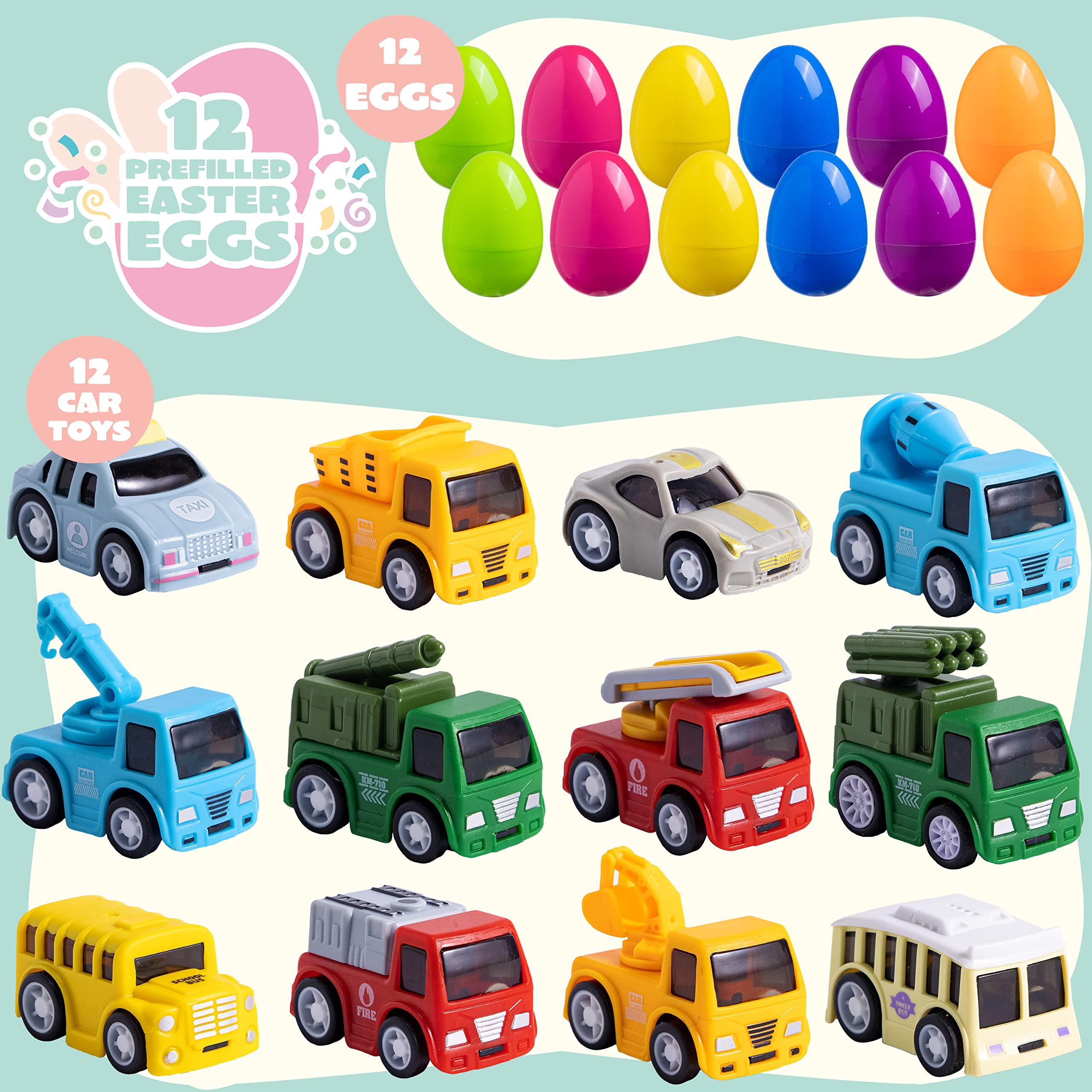 JOYIN 12 Packs Pre-Filled Easter Eggs with Cars for Boys, Basket Stuffers Easter Egg Hunt, Goodie Bag Fillers Classroom Prize and Party Favors for Kids