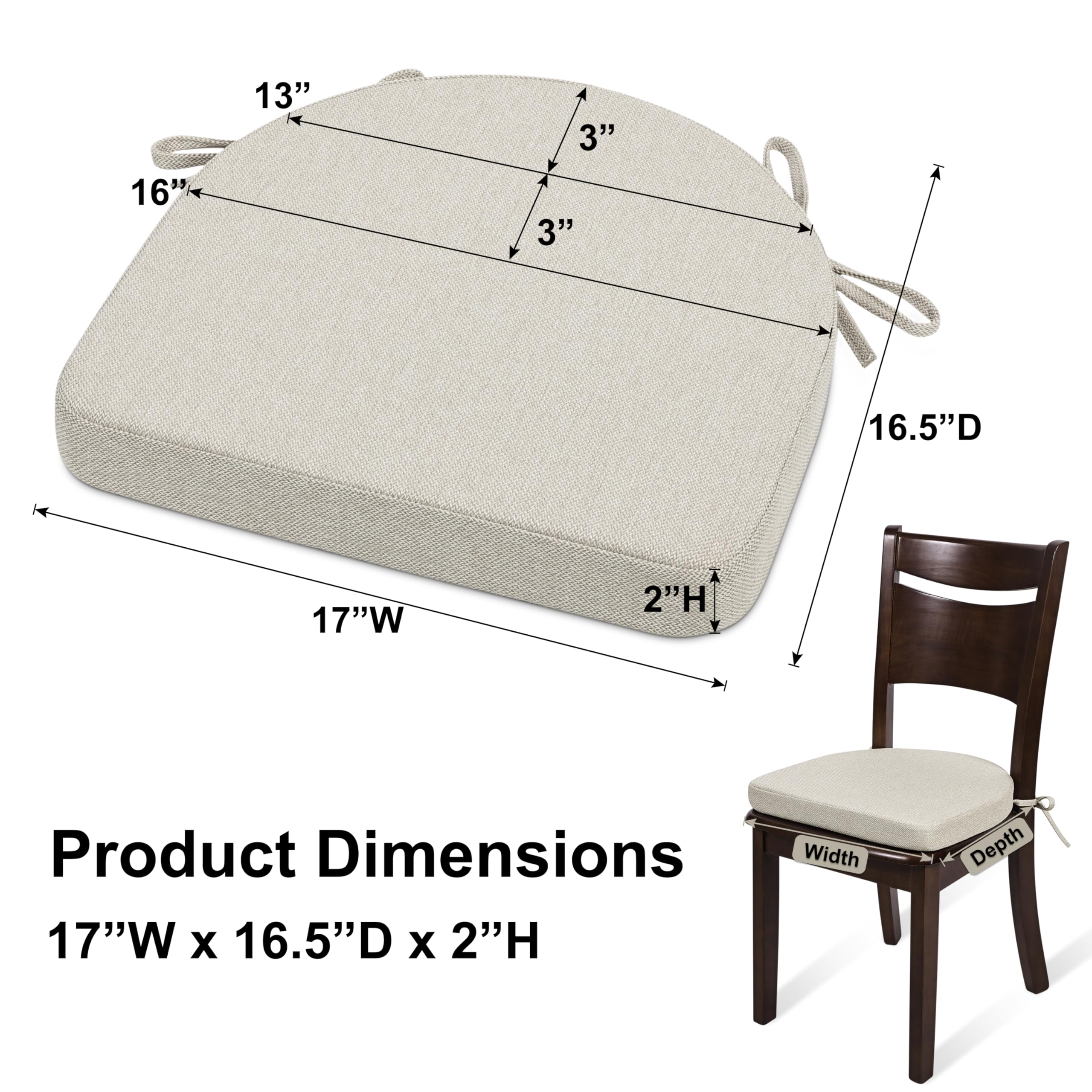 وسائد كراسي الطعام من شينوا، عبوة من 6 وسائد، وسائد كراسي المطبخ مع أربطة، وسائد كراسي طعام مانعة للانزلاق مع غطاء قابل للغسل في الغسالة، 43×42 سم، لون بيج
