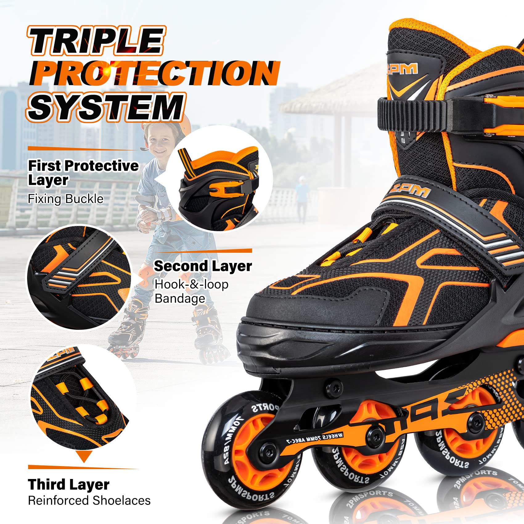 2PM SPORTS Torinx Orange/Red/Green Black Boys Adjustable Inline Skates, Fun Roller Blades for Kids, Beginner Roller Skates for Girls, Men and Ladies