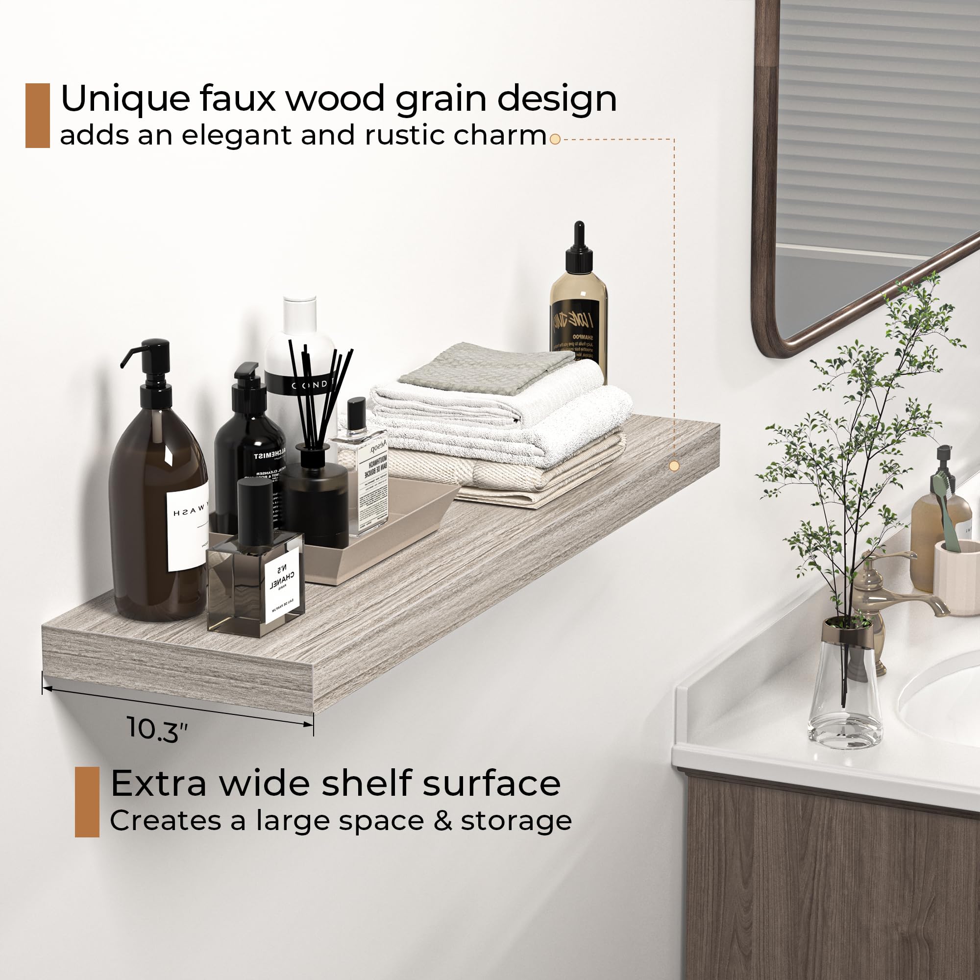 Floating Shelves - 10.3 Inch Deep Wall Shelf for Decor & Storage - Wall Mounted Display Shelving with Invisible Heavy-Duty Metal Bracket - 36" W x 10.3" D x 1.8" H - Set of 1 - Rustic Grey