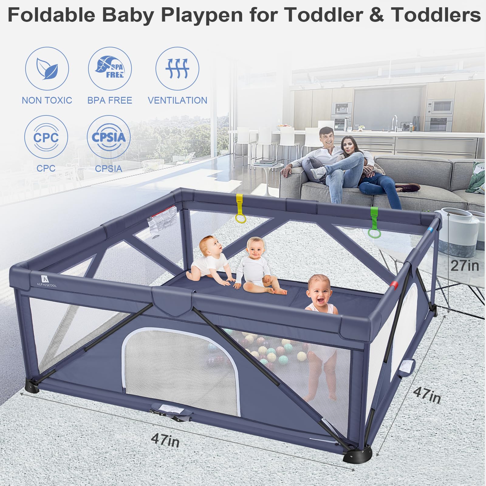 A ALFRESCOOL Baby Playpen, 47"x47"(15.5 sq. ft Space), Foldable Large Playpen for Babies and Toddlers, Indoor & Outdoor Baby Activity Center with Gate & Breathable Mesh, Anti-Fall Portable Play Pens