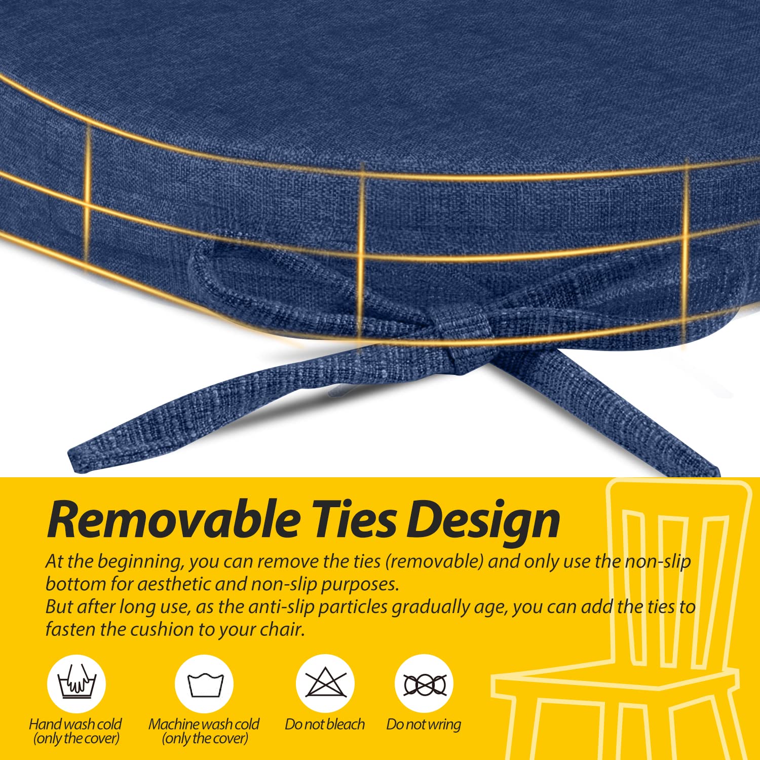 AAAAAcessories D-Shaped Chair Cushions for Dining Chairs with Ties and Removable Cover, 43 cm W x 40 cm L x 5 cm H, Set of 6, Blue