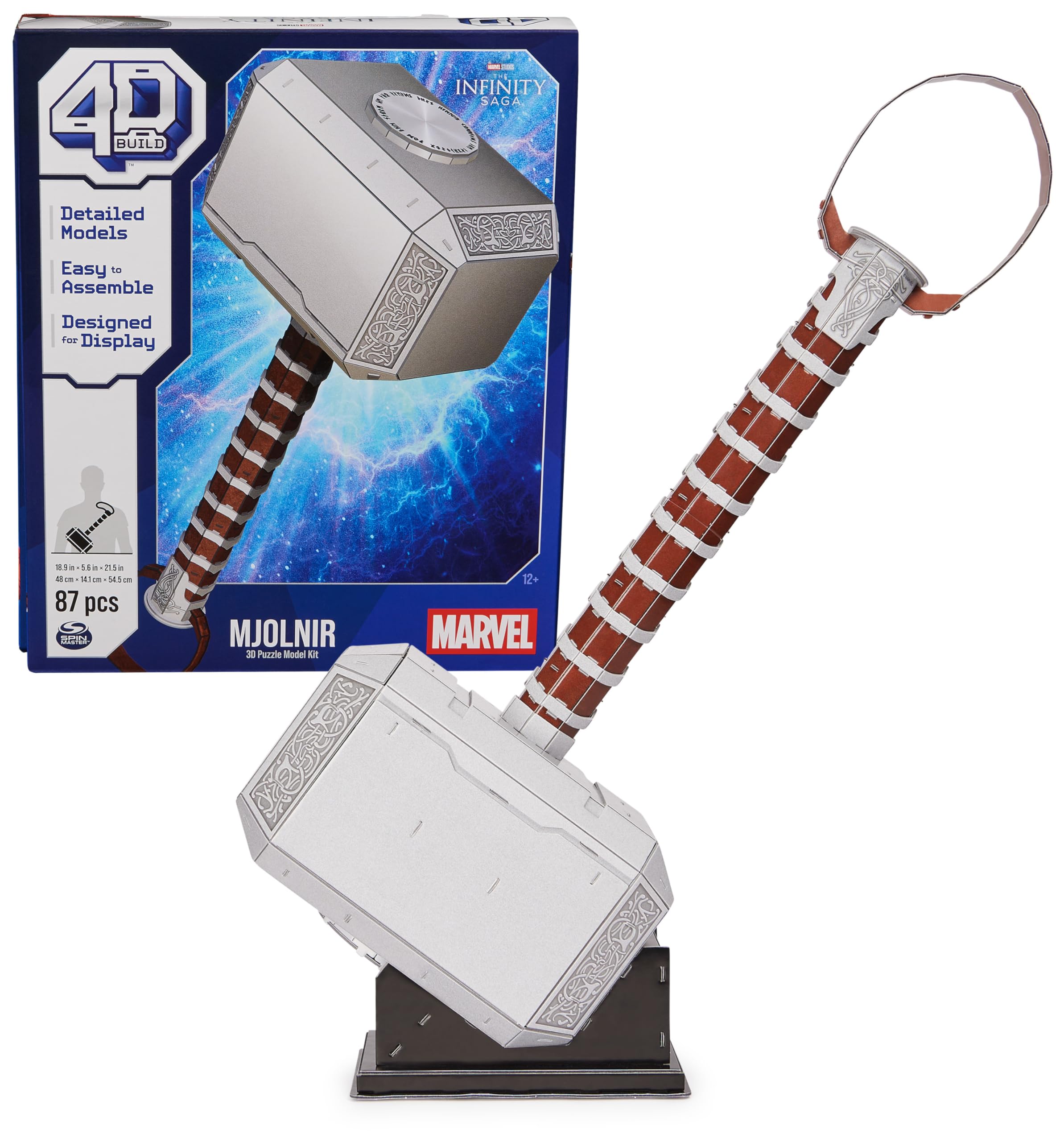 4D Build, Marvel Mjolnir Thor Hammer 3D Puzzle Model Kit with Stand 87 Pcs | Thor Desk Decor | Building Toys | 3D Puzzles for Adults & Teens 12+