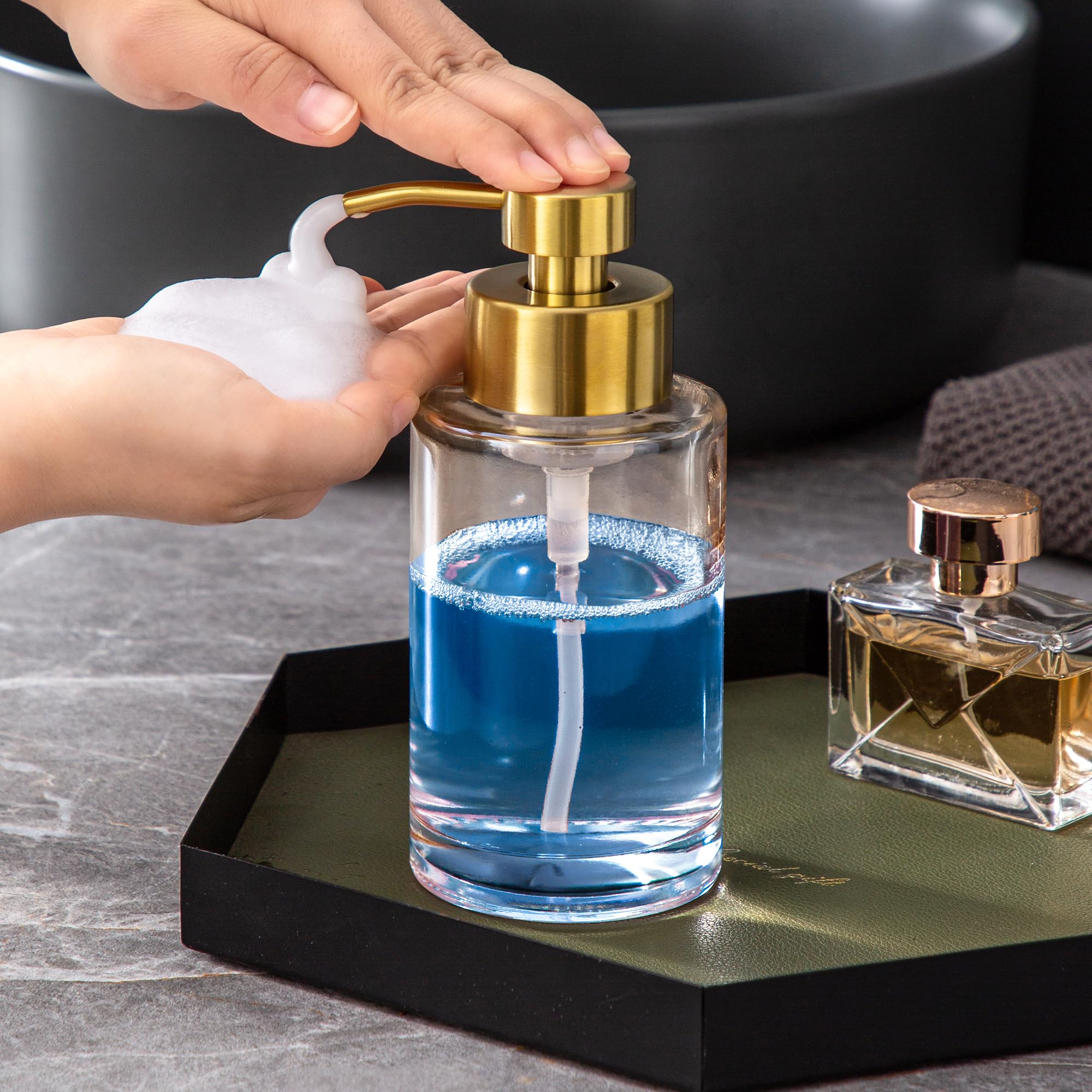 Enra Gold Foaming Soap Dispenser, 350 ml Thick Glass Bathroom Soap Dispenser (Gold Foam Dispenser)