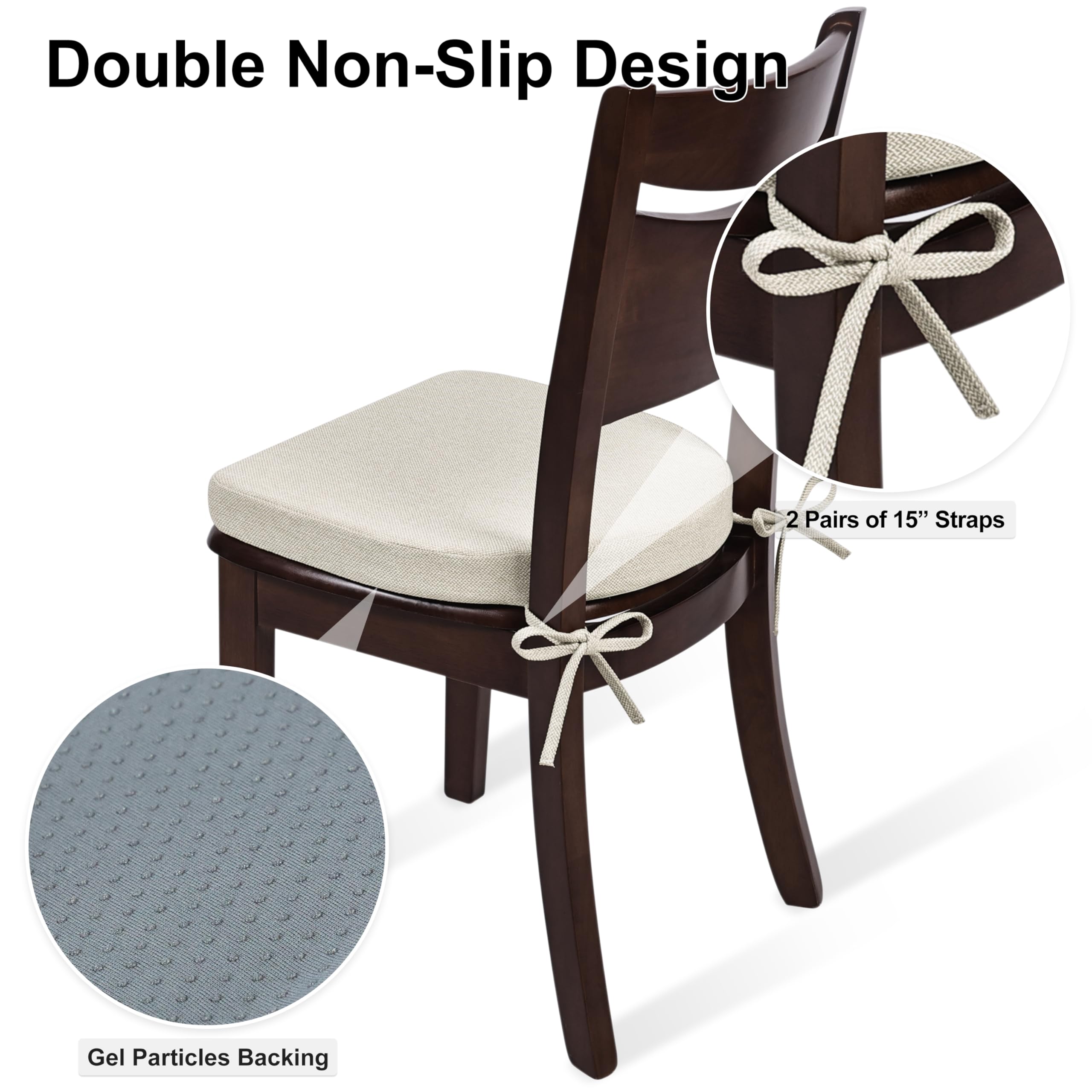 وسائد كراسي الطعام من شينوا، عبوة من 6 وسائد، وسائد كراسي المطبخ مع أربطة، وسائد كراسي طعام مانعة للانزلاق مع غطاء قابل للغسل في الغسالة، 43×42 سم، لون بيج