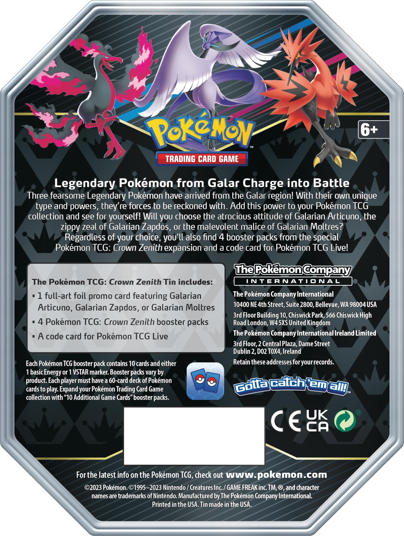 Pokemon TCG: Crown Zenith Tin – Galarian Zapdos (1 Foil Card & 5 Booster Packs)
