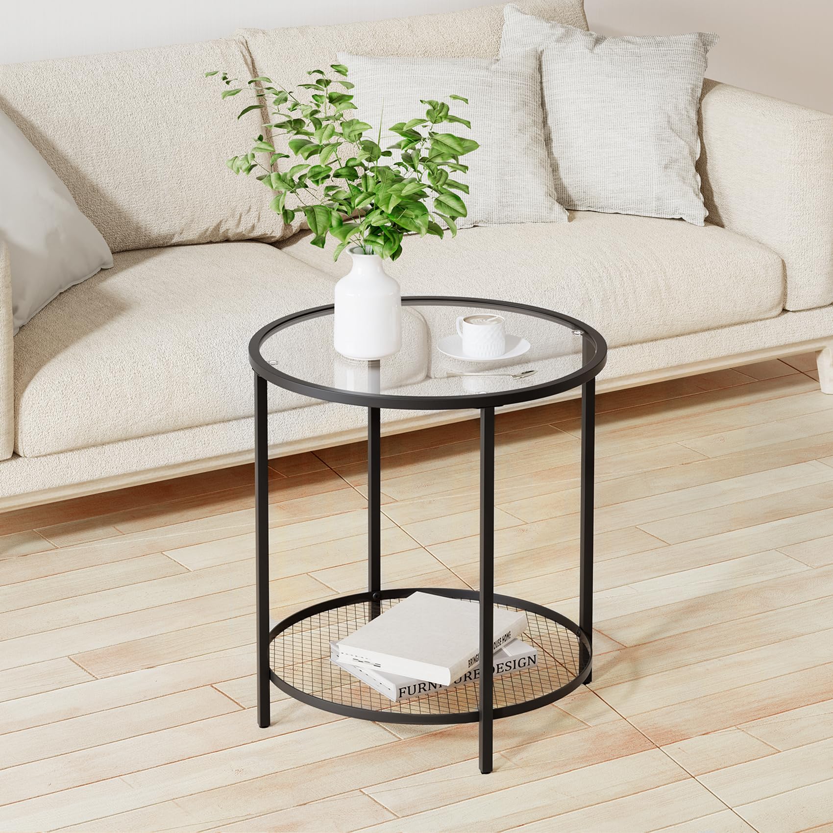 CADANI End Table, Glass Side Table with Open Storage