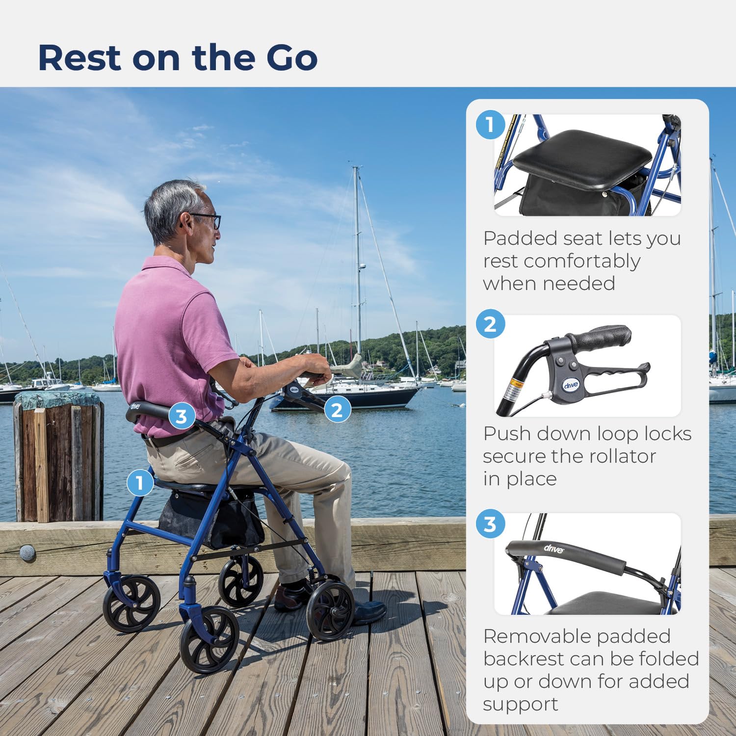 Drive Medical Wheel Rollator Walker With Seat, Steel Rolling Walker, Blue-2