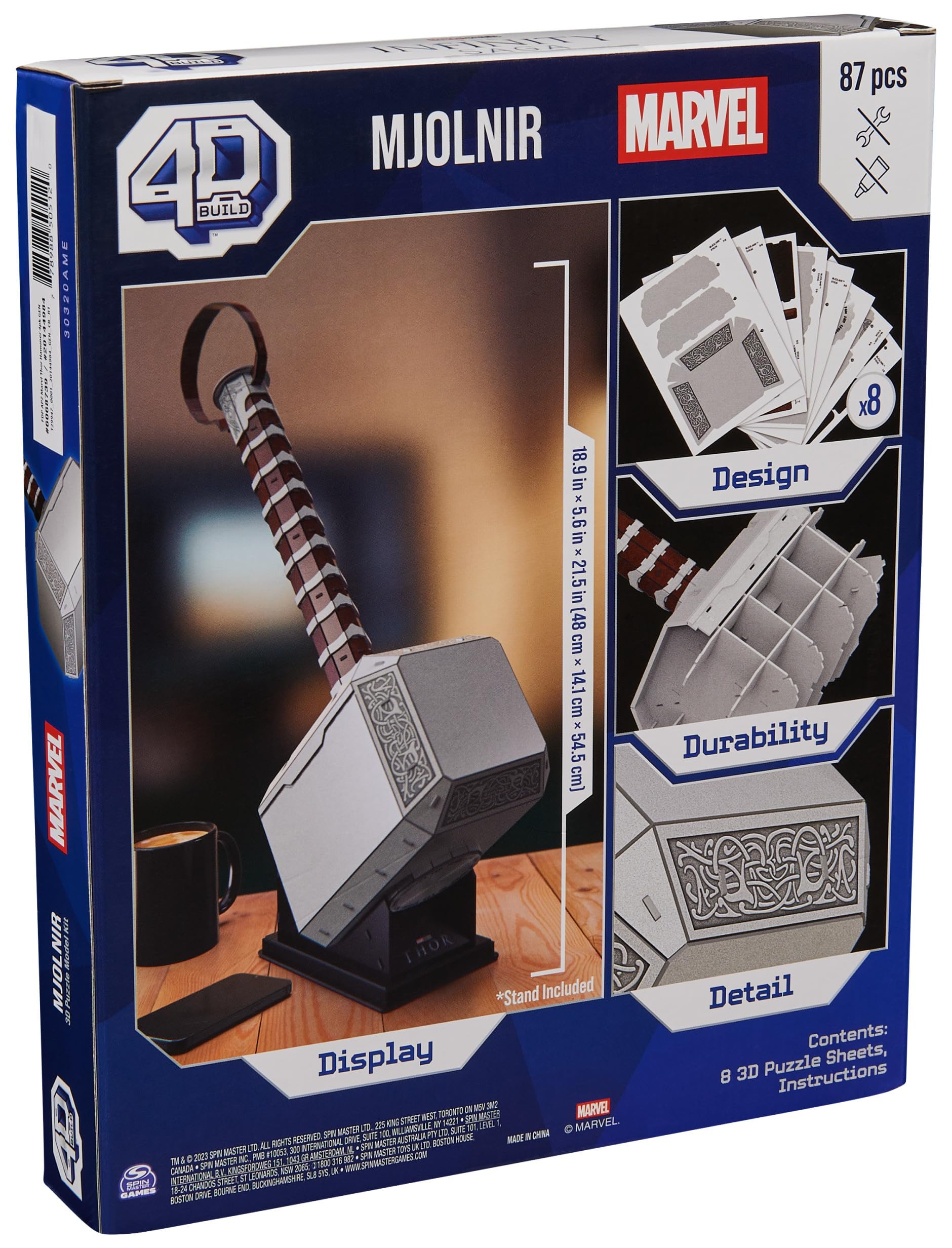 4D Build, Marvel Mjolnir Thor Hammer 3D Puzzle Model Kit with Stand 87 Pcs | Thor Desk Decor | Building Toys | 3D Puzzles for Adults & Teens 12+