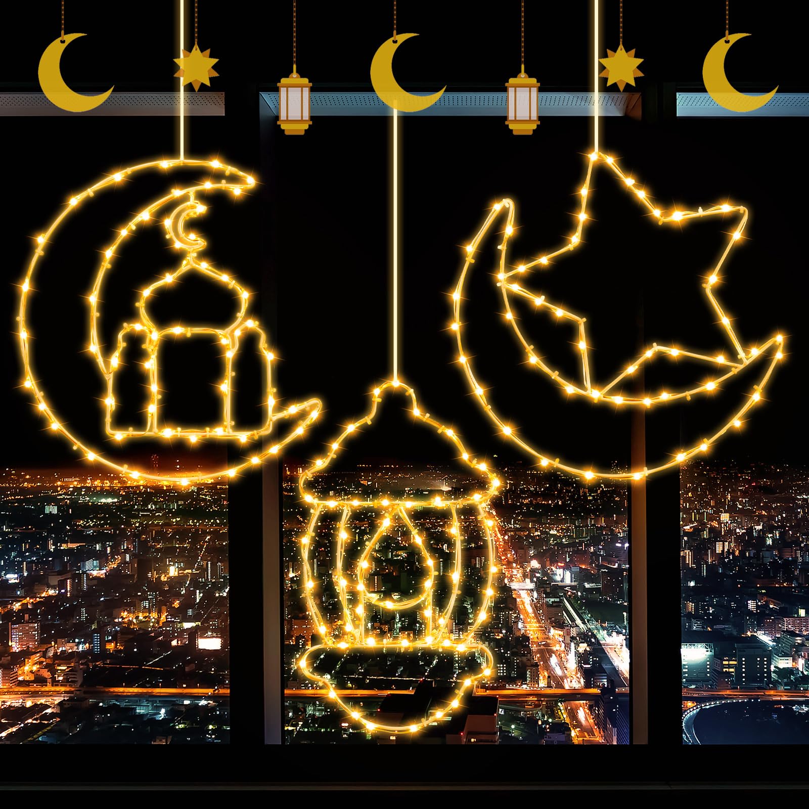 زينة أضواء رمضان من أوريليما، 3 قطع، إضاءة عيد مبارك.