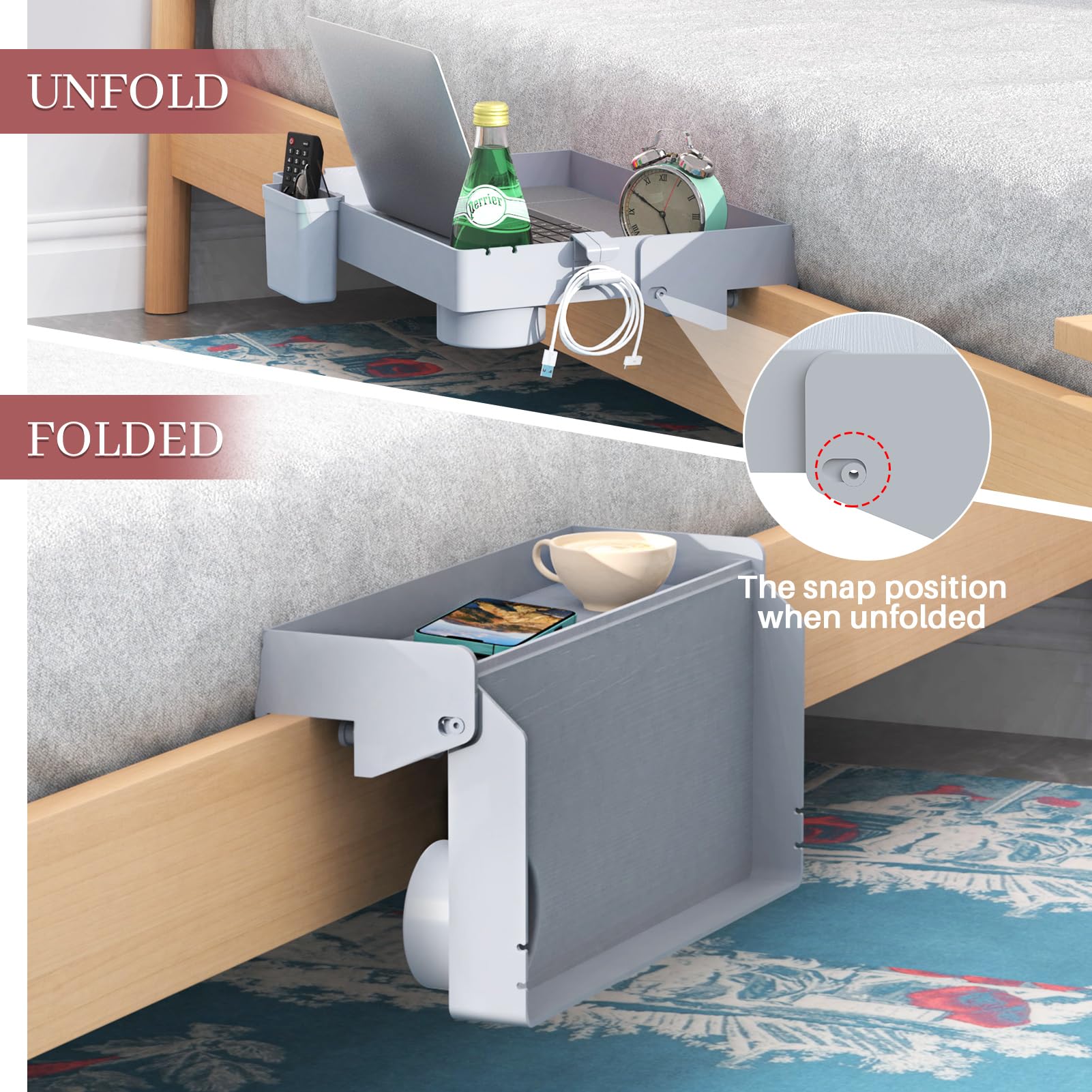 SOLEJAZZ Bedside Shelf for Bed, Foldable Bunk Bed Shelf for Top Bunk Clip On Nightstand with Drawer, Hook, Cup & Cord Holder College Dorm Room Essential Table Caddy Tray Organizer Bedroom Shelf, Grey
