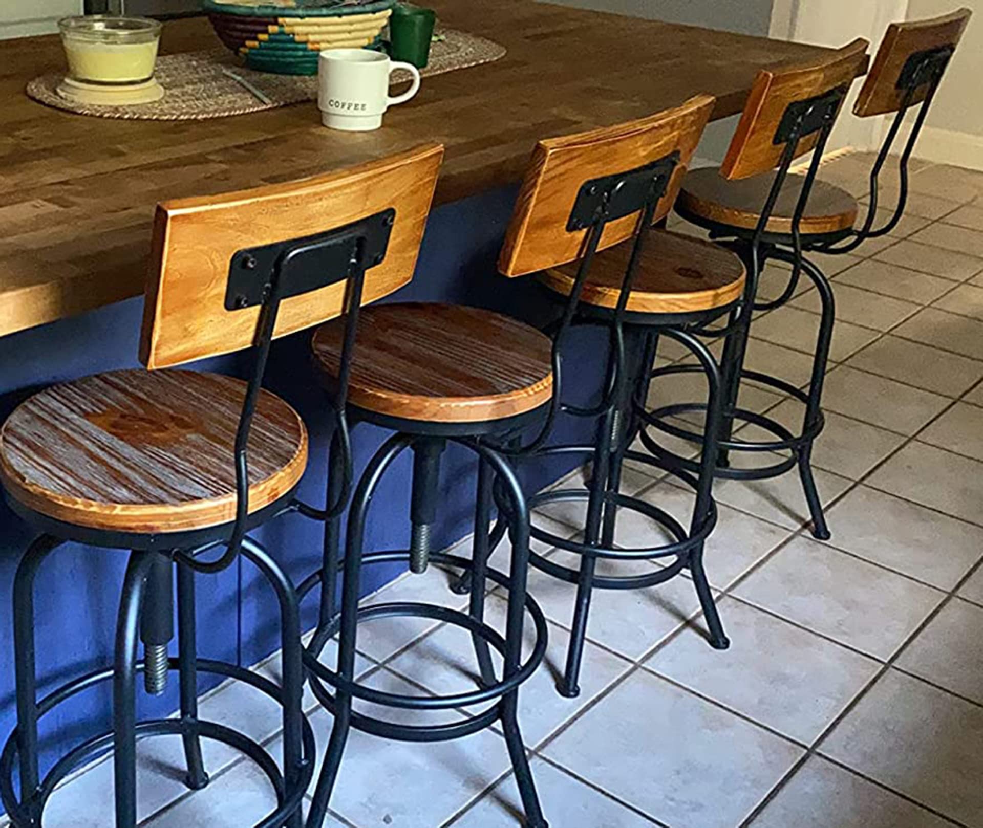 LOKKHAN Industrial Bar Stool-26-32 Inch Adjustable Swivel Round Wood Metal Kitchen Stool Rustic Farmhouse Counter Height Extra Tall Bar Height Stool-Arc-Shaped, Set of 2