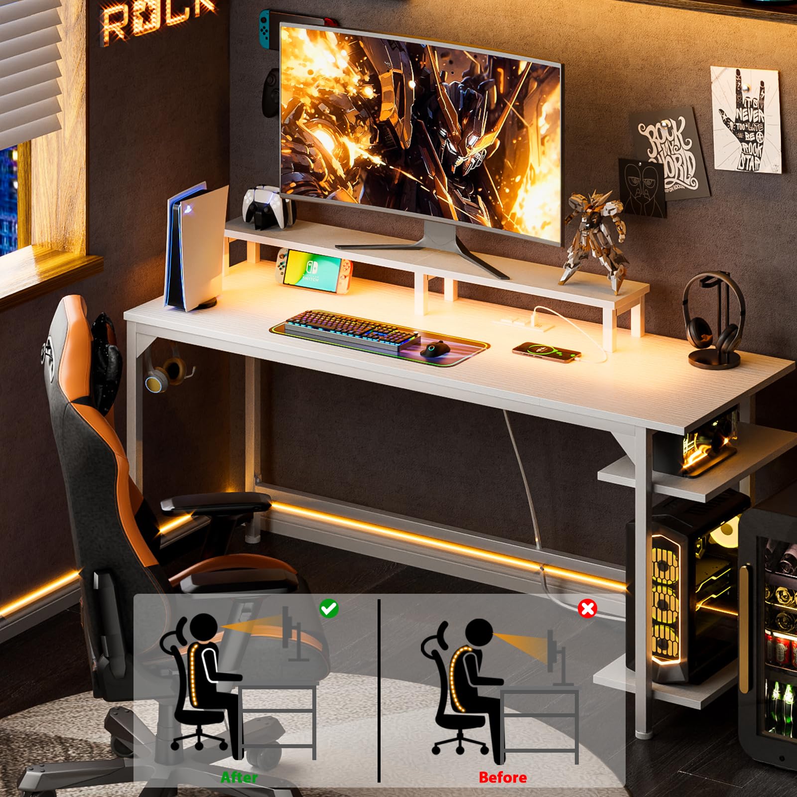 Furologee White Gaming Desk with Charging Station and LED Lights, 140 cm