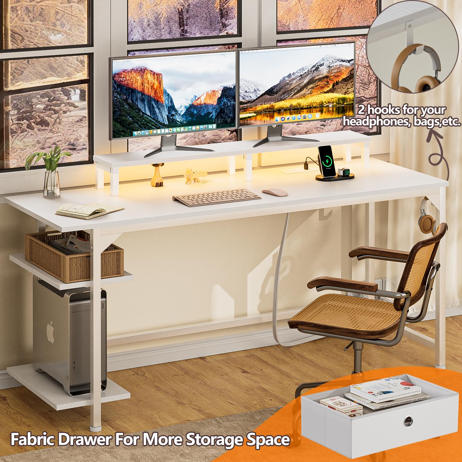 Furologee White Gaming Desk with Charging Station and LED Lights, 140 cm