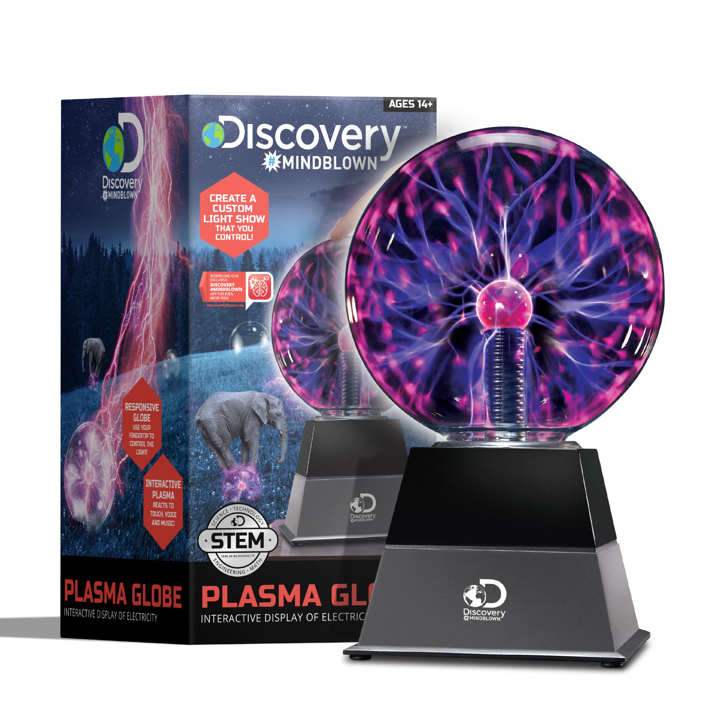 Discovery Kids 15 cm Plasma Globe Lamp with Interactive Electronic Touch and Sound Sensitive Lightning and Tesla Coil, Includes AC Adapter, Glass STEM Lava Lamp-Style Light for Desk, Kids Room, and More