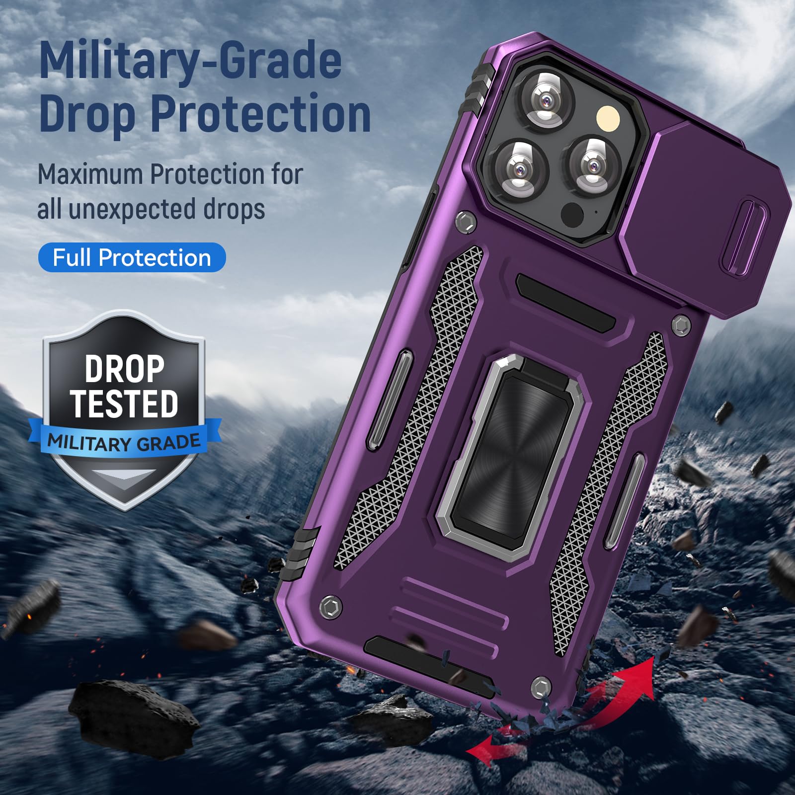 جراب هاتف UKLCCU لهاتف iPhone 15 Pro Case 15 Pro iPhone Phone Case للنساء مع غطاء كاميرا منزلق، حامل مدمج يدور 360 درجة لهاتف iPhone 15 Pro - أرجواني