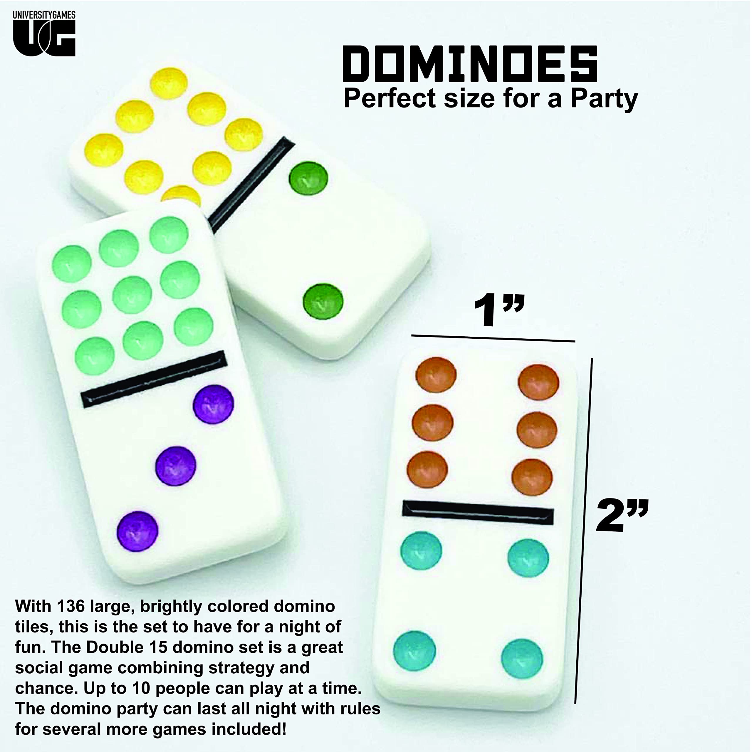 Front Porch Classics, Double 15 Color Dot Dominoes Set On-The-Go Travel Storage Tin, 2 to 12 Players Ages 8 to 99