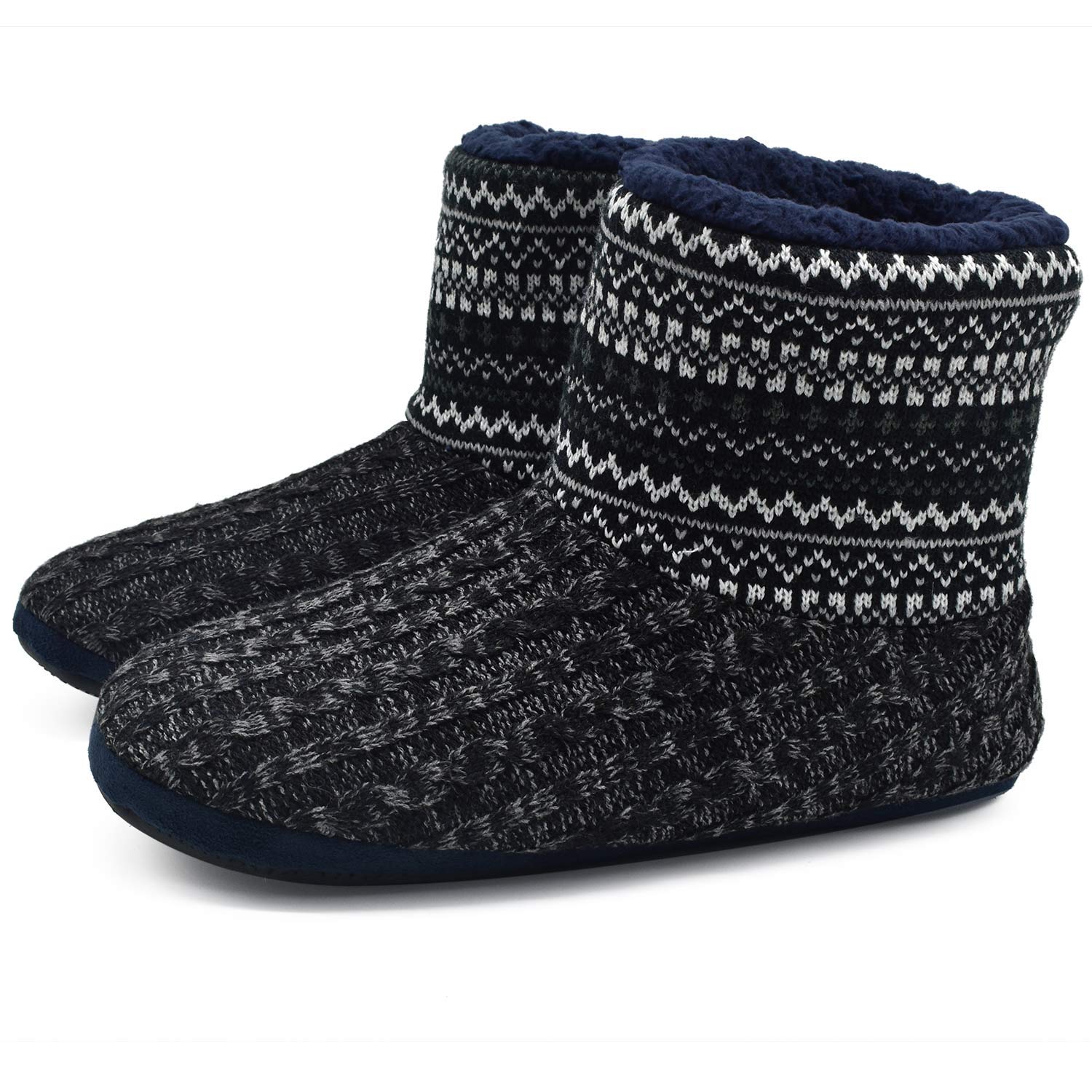 SIZE: 40 - GPOS Knit Rock Wool Warm Men Indoor Pull on Cozy Memory Foam Slipper Boots Soft Rubber Sole Black/White