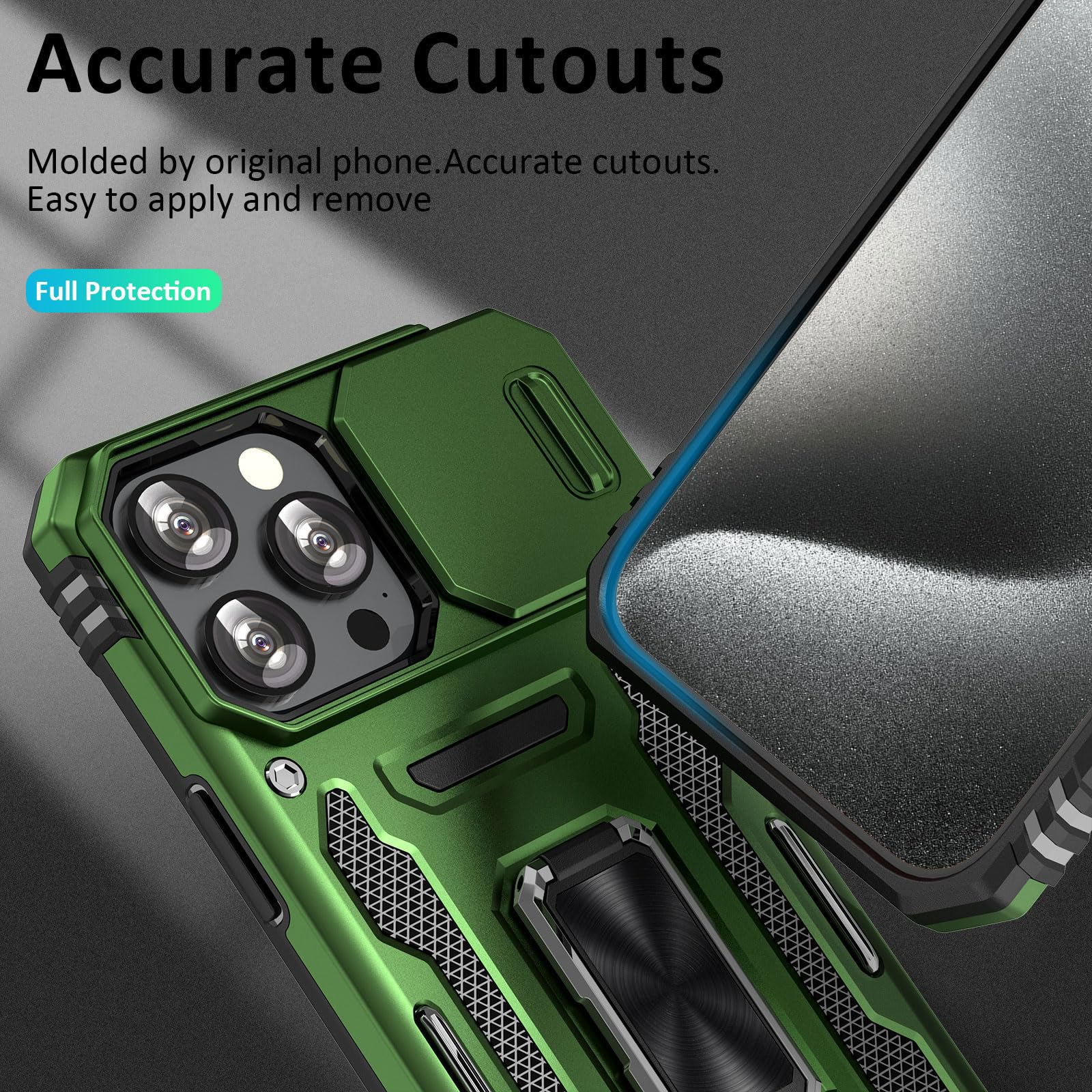 جراب UKLCCU لهاتف iPhone 15 Pro جراب iPhone 15 Pro للرجال مع غطاء كاميرا منزلق، حامل حلقي مدمج يدور 360 درجة لهاتف iPhone 15 Pro - أخضر زيتوني