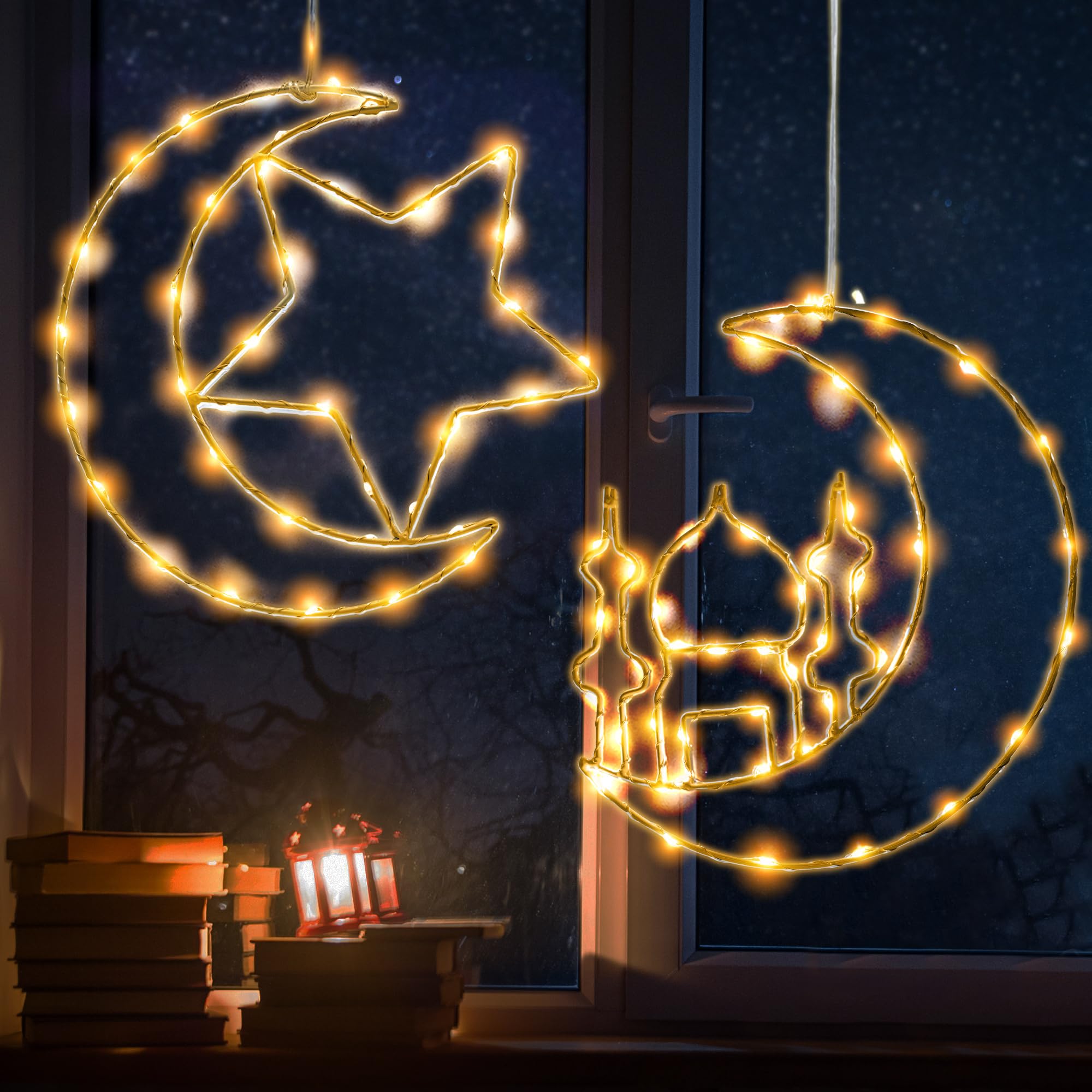 زينة رمضان بيناتا، مصابيح نافذة على شكل نجمة وقمر، عبوة من قطعتين، ديكور عيد مبارك، مصابيح رمضان LED معلقة تعمل بالبطارية، زينة عيد للمنزل، ديكور داخلي وخارجي (وظيفة مؤقت معدني عالي التحمل)