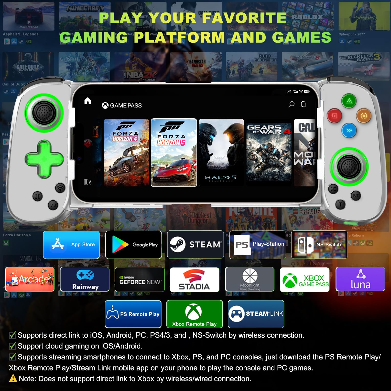 Phone Game Controller for iPhone/Android/PC/Switch, Play COD, Genshin,Support Streaming on PS5/Xbox/PC Console, Cloud Gaming Wireless Gamepad Joystick, Turbo/6-Axis Gyro/Dual Motor, Green Light, White