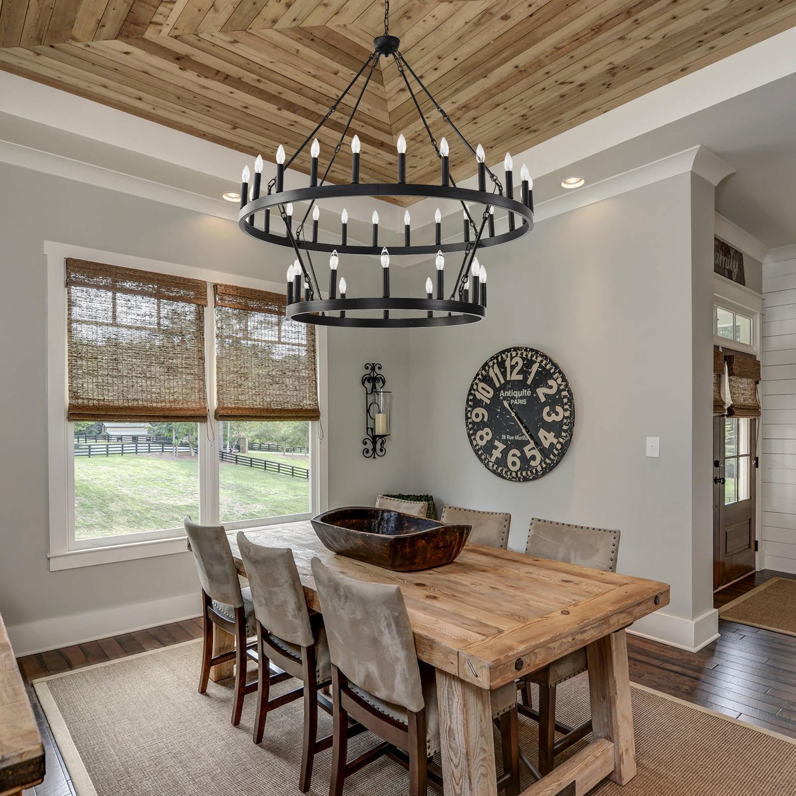 Black Farmhouse Chandelier, 36-Light Wagon Wheel Chandelier with Adjustable Height