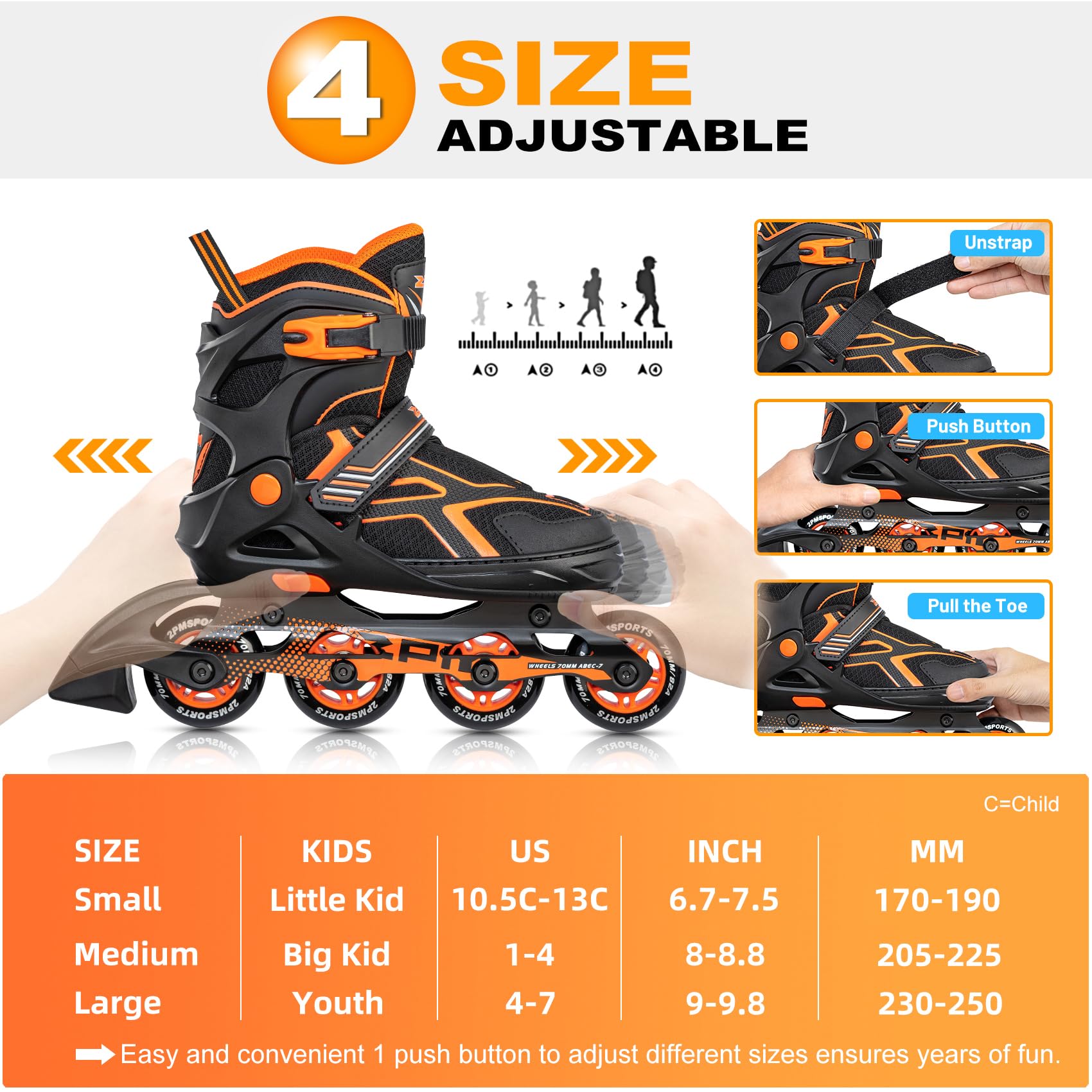 2PM SPORTS Torinx Orange/Red/Green Black Boys Adjustable Inline Skates, Fun Roller Blades for Kids, Beginner Roller Skates for Girls, Men and Ladies