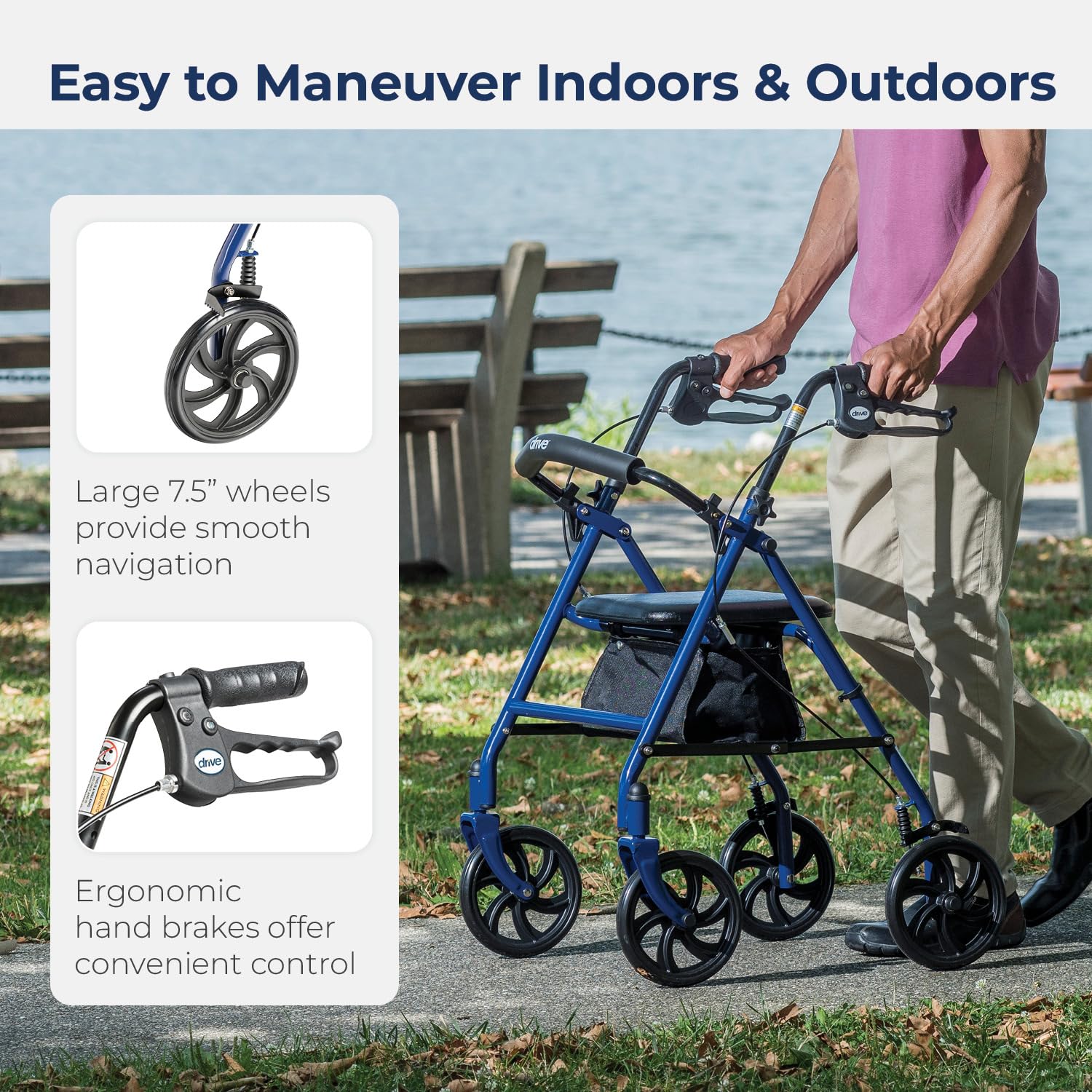 Drive Medical Wheel Rollator Walker With Seat, Steel Rolling Walker, Blue-2