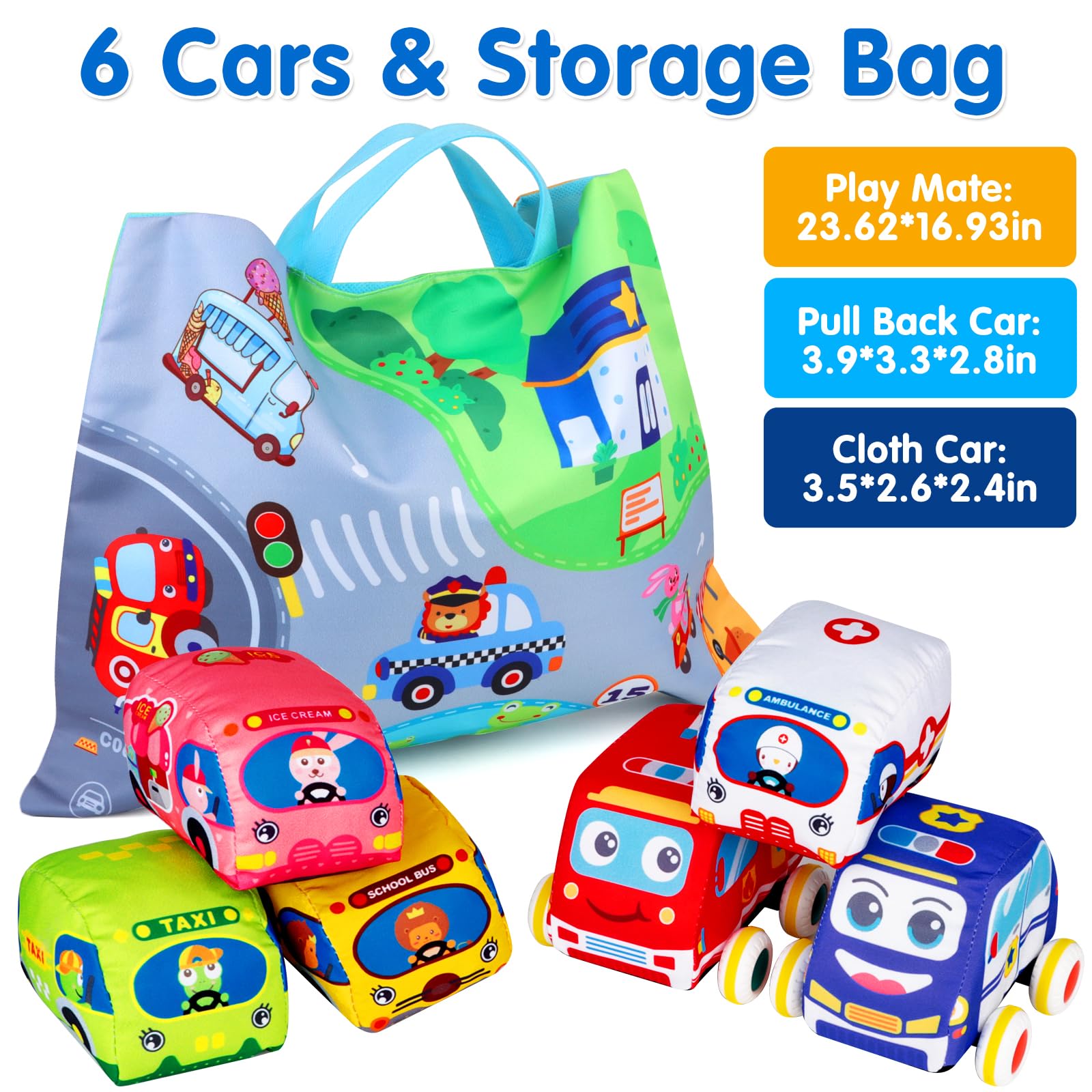 Soft Car Toys for 1 Year Old Boy Girl - Baby Toys 6 to 12 Months 12-18 Months Pull Back Car Vehicle Set with Playmat - 1st Birthday Gifts for Toddler Toys Age 1-2 - Baby