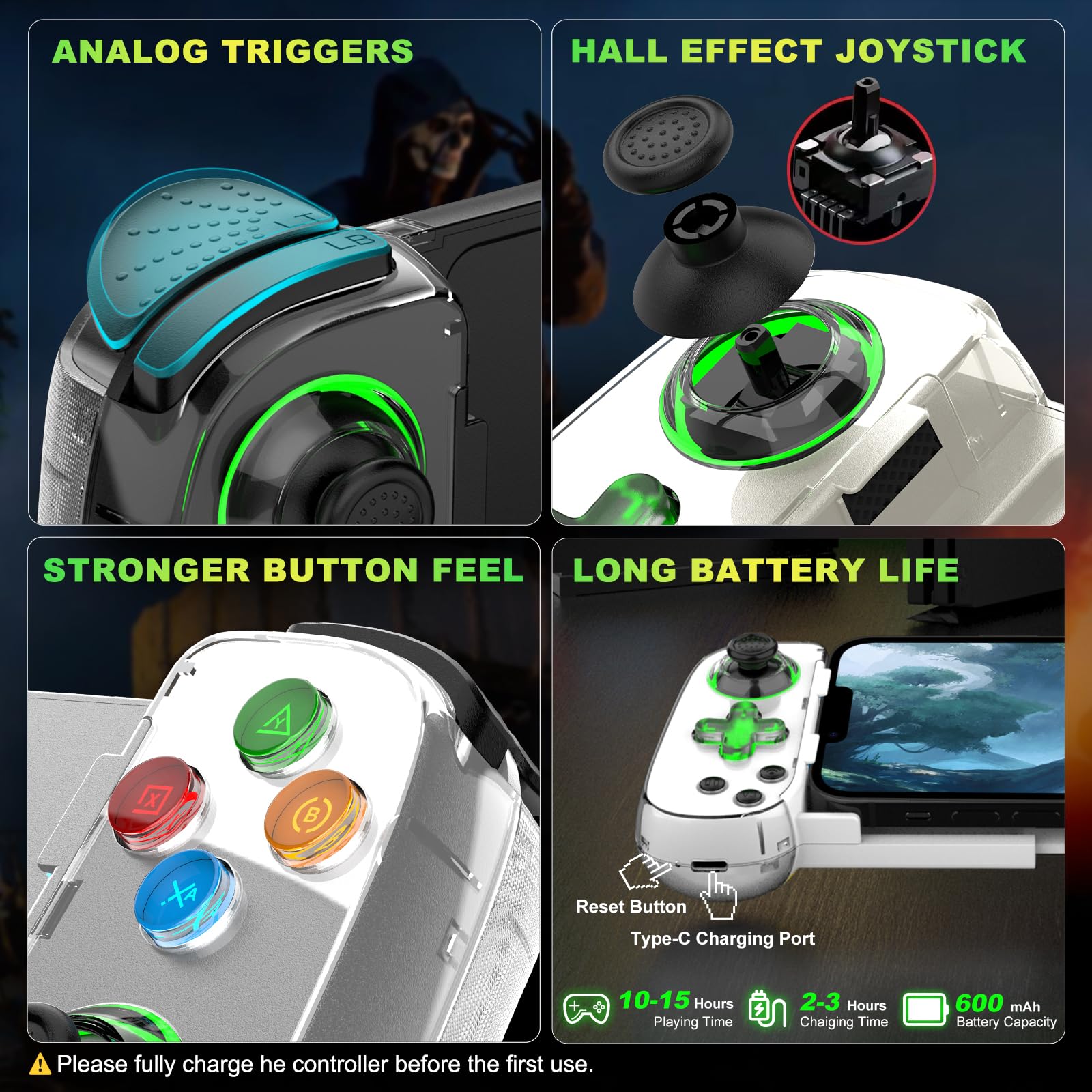 Phone Game Controller for iPhone/Android/PC/Switch, Play COD, Genshin,Support Streaming on PS5/Xbox/PC Console, Cloud Gaming Wireless Gamepad Joystick, Turbo/6-Axis Gyro/Dual Motor, Green Light, White