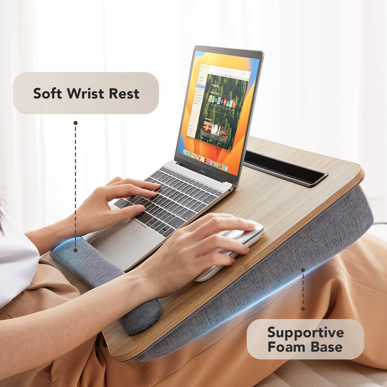 HUANUO Lap Laptop Desk-Portable Lap Desk with Cushion, Fits up to 43 cm Laptop, with Anti-Slip Strip & Storage Function