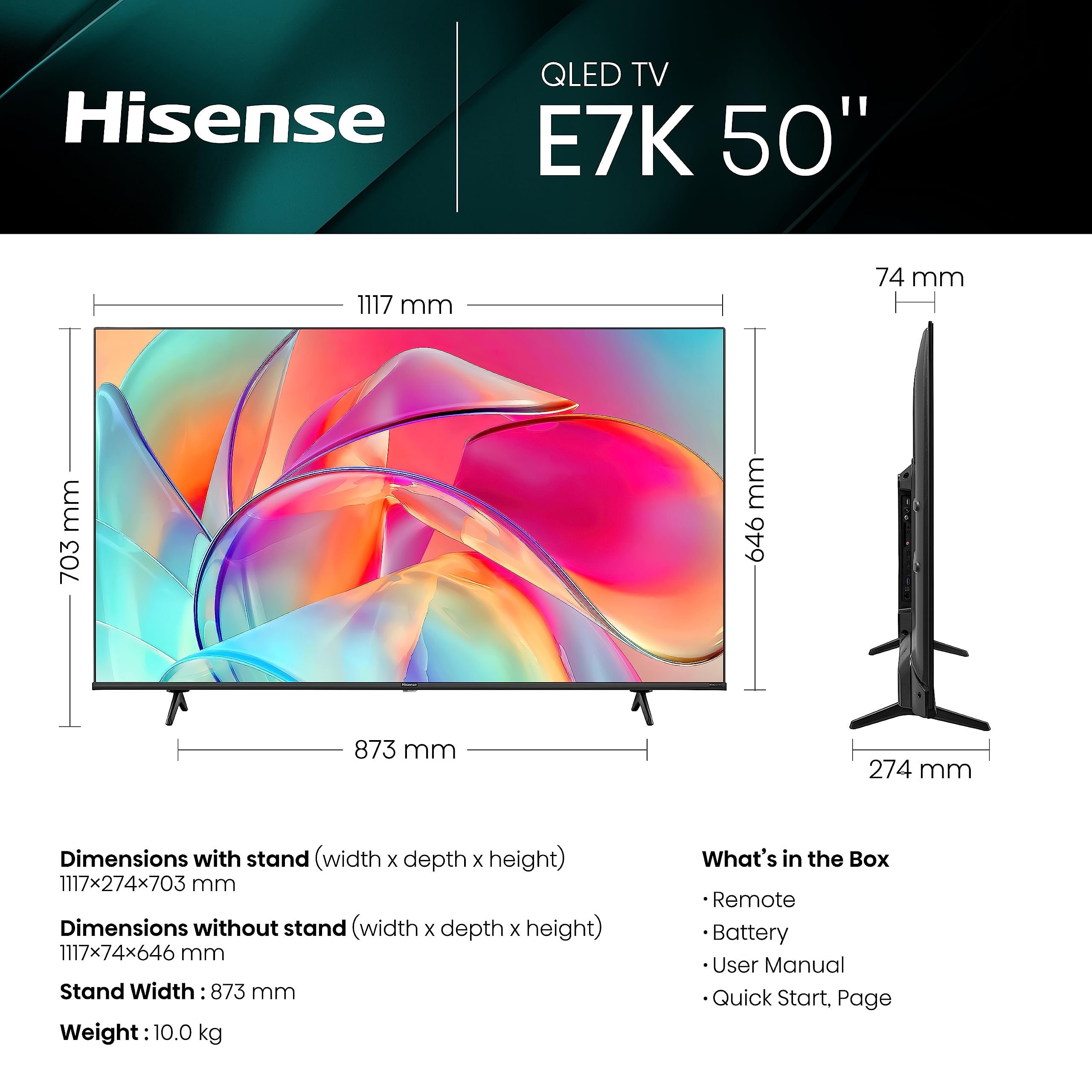 تلفزيون HISENSE QLED الذكي، 50 بوصة E7K مع ألوان Quantum Dot
